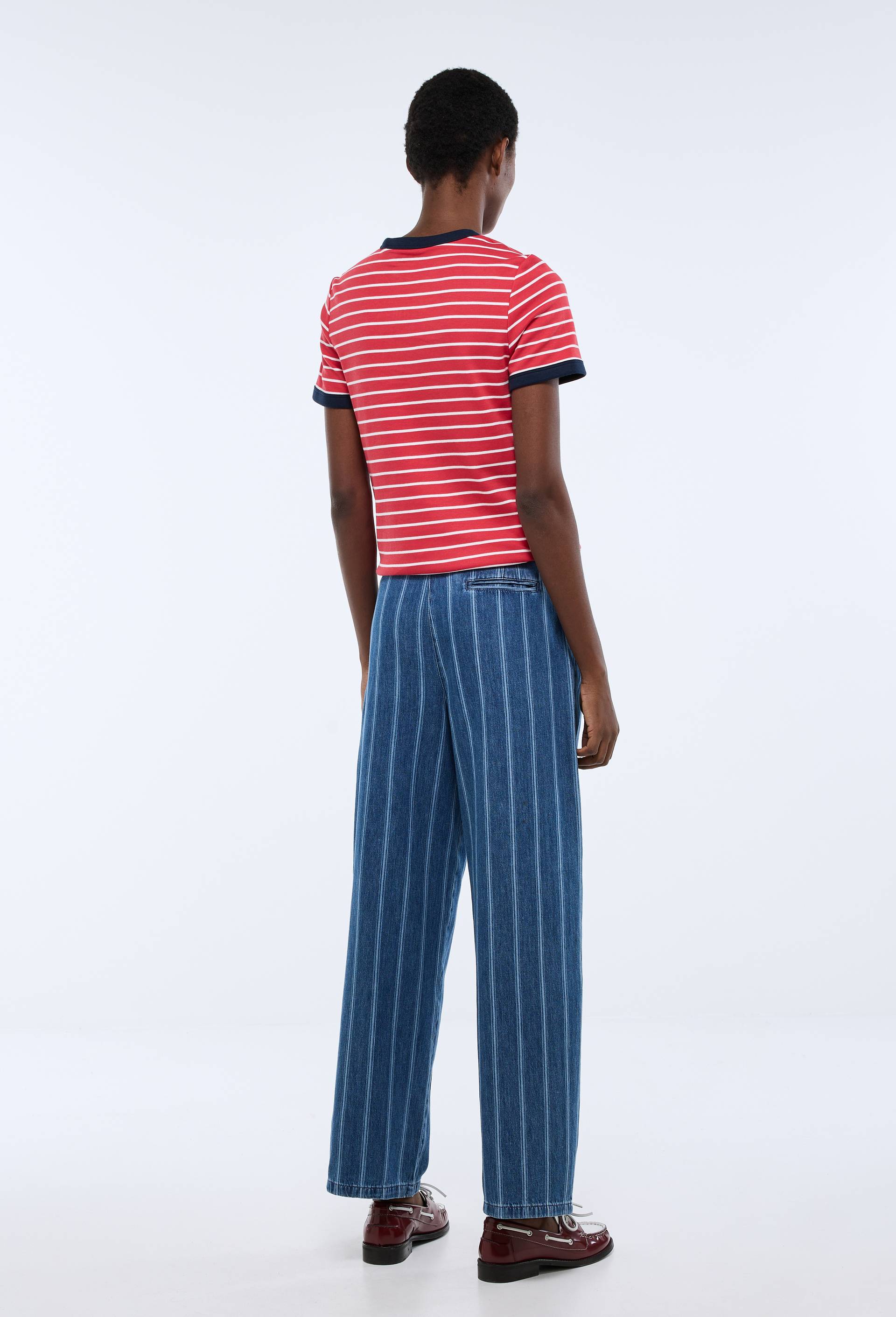 Pantalon large ray&eacute; en coton, Bleu, large image number 1
