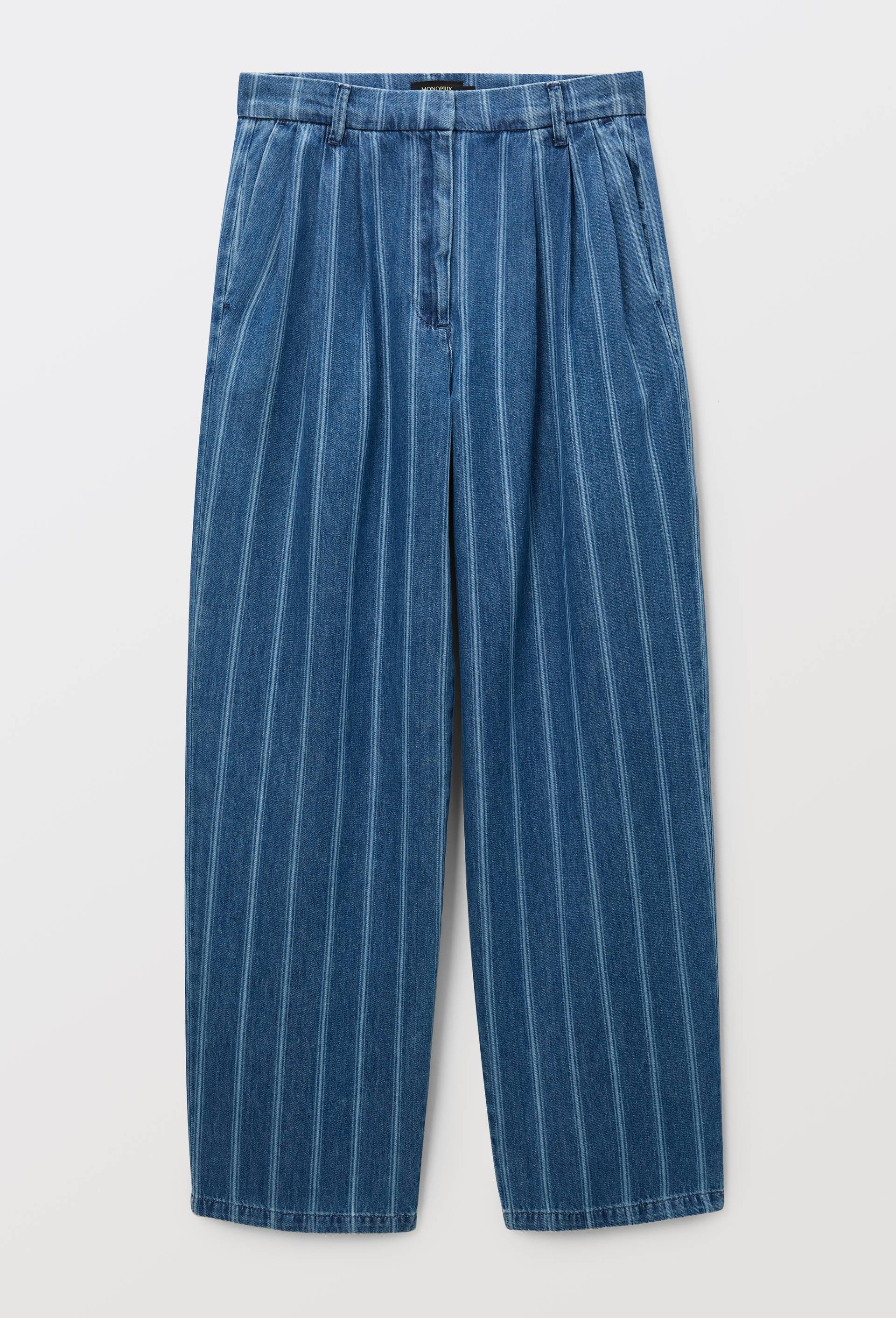 Pantalon large ray&eacute; en coton, Bleu, large image number 2.0