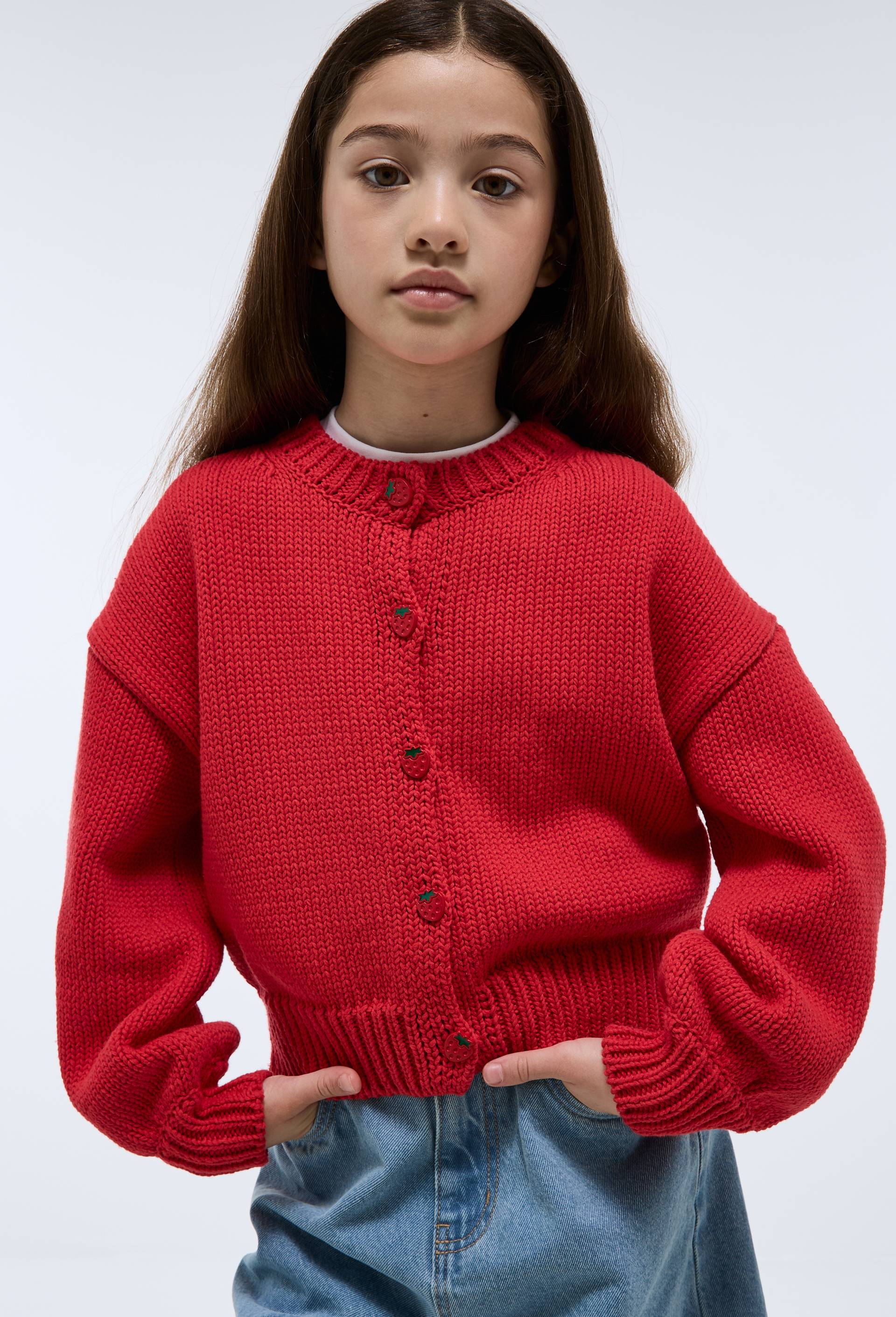 Cardigan avec d&eacute;tail bouton fraise, Rouge, large image number 1