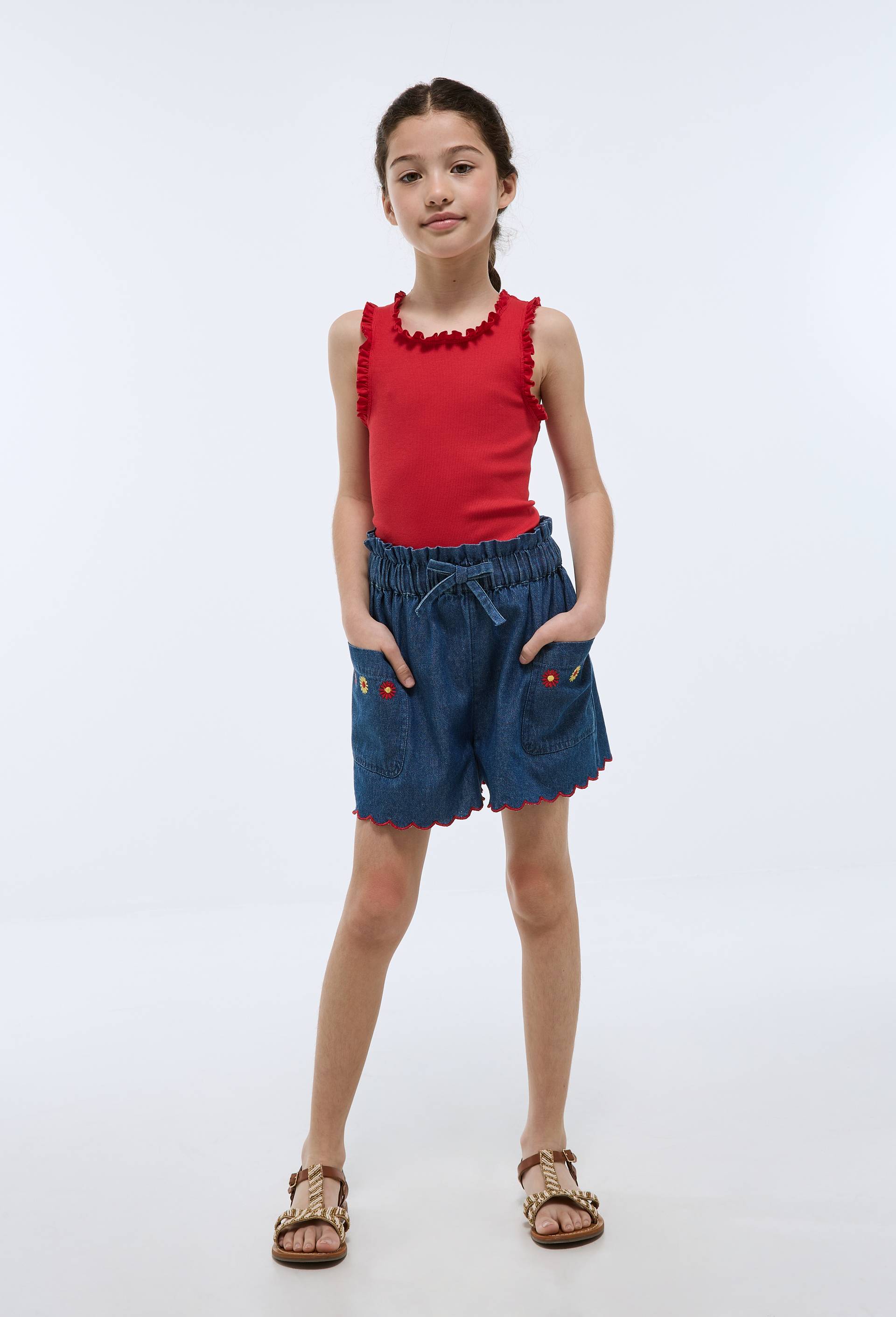 Short en jean brod&eacute; en coton, Bleu fonc&eacute;, large image number 0.0