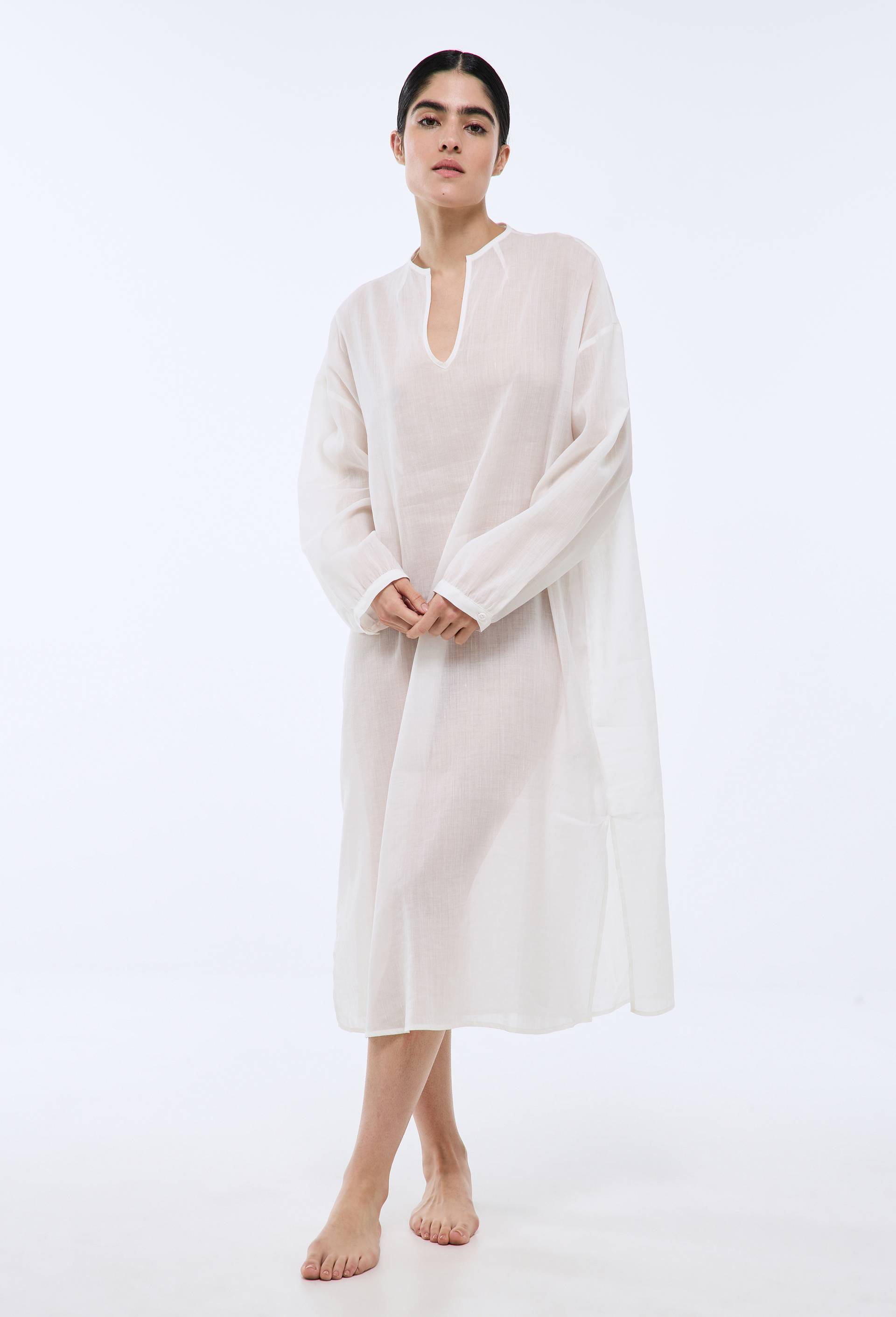 Chemise de nuit unie en ramie et coton, Blanc, large image number 0
