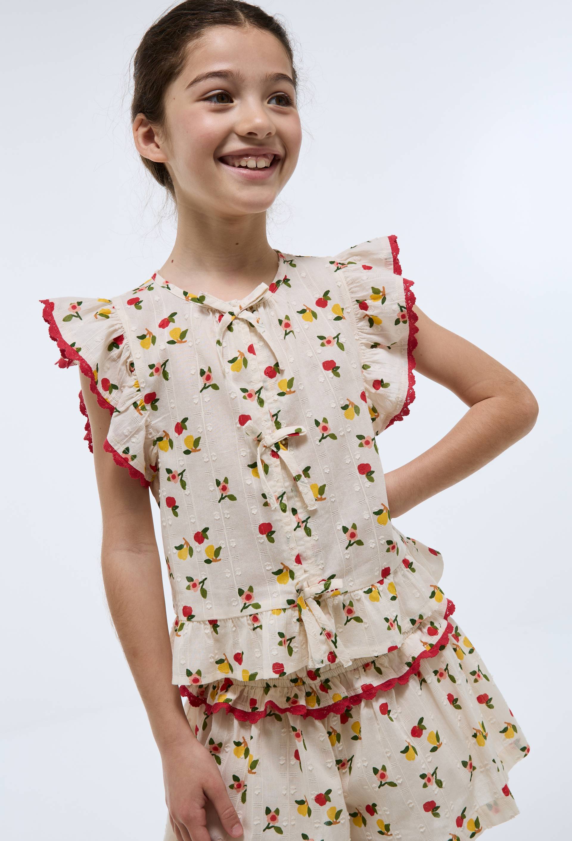 Blouse imprim&eacute;e &agrave; noeud en coton, Beige clair, large image number 0