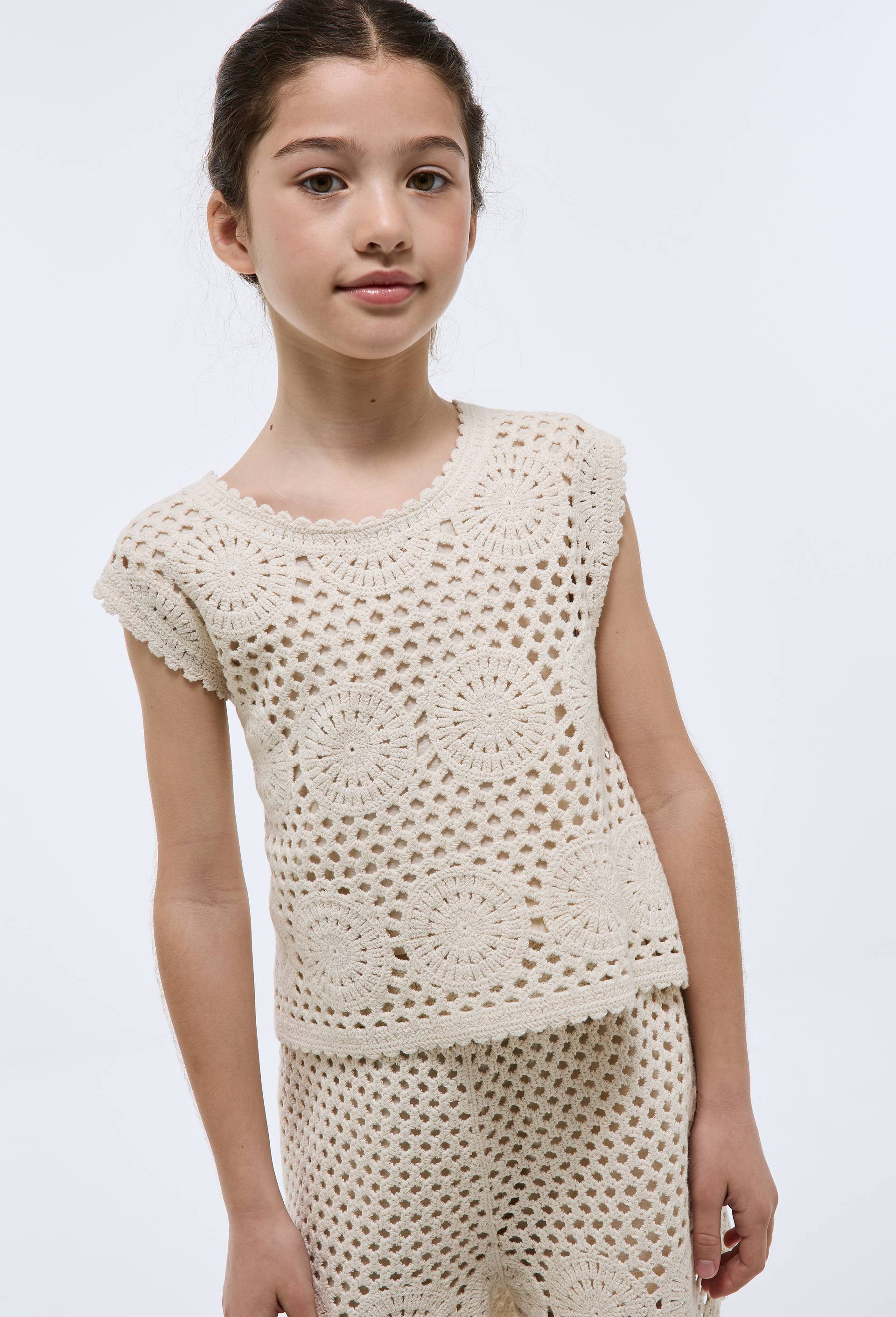 T-shirt en crochet en coton, Beige clair, large image number 0
