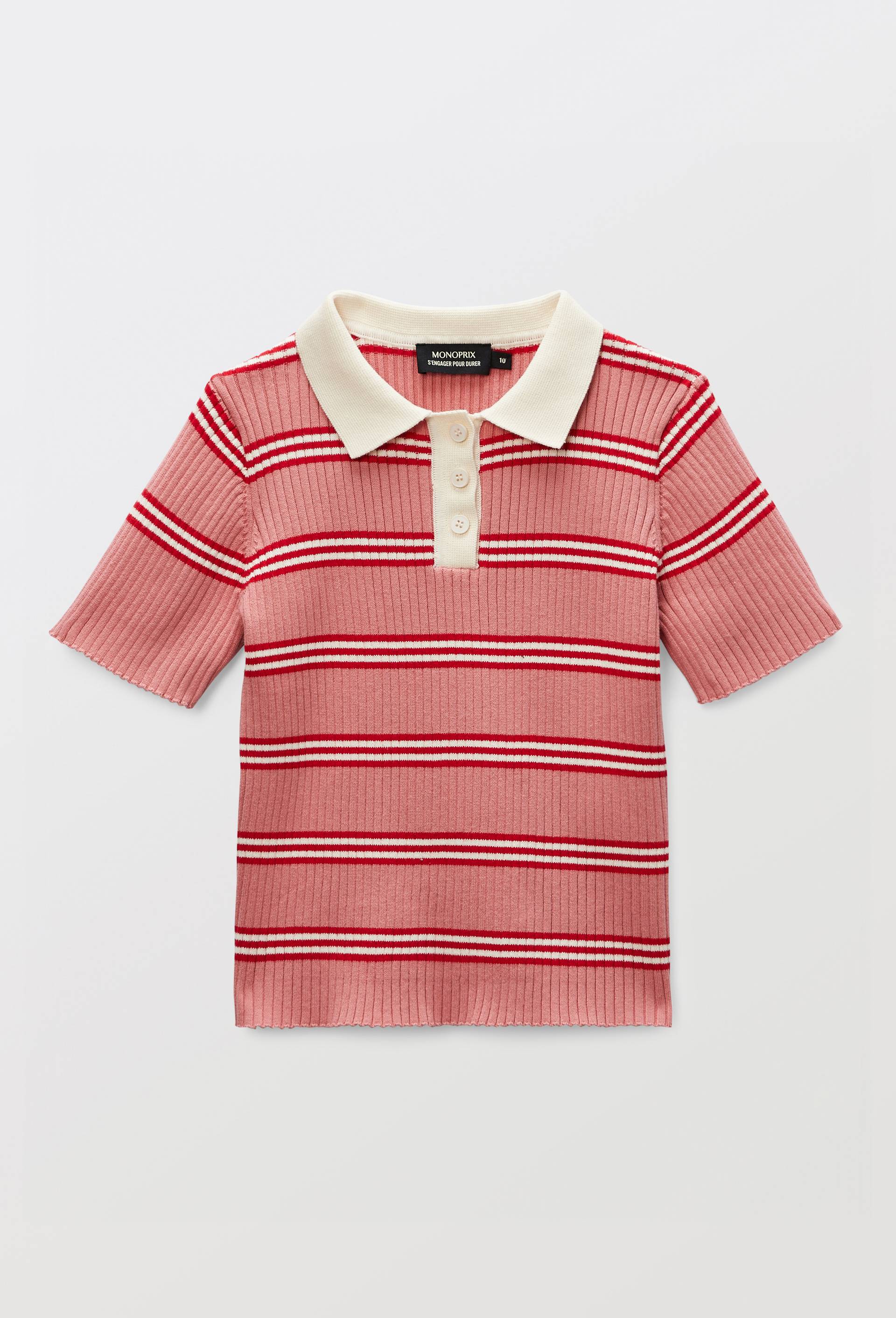Polo ray&eacute; &agrave; manches courtes en coton, Rose, large image number 1