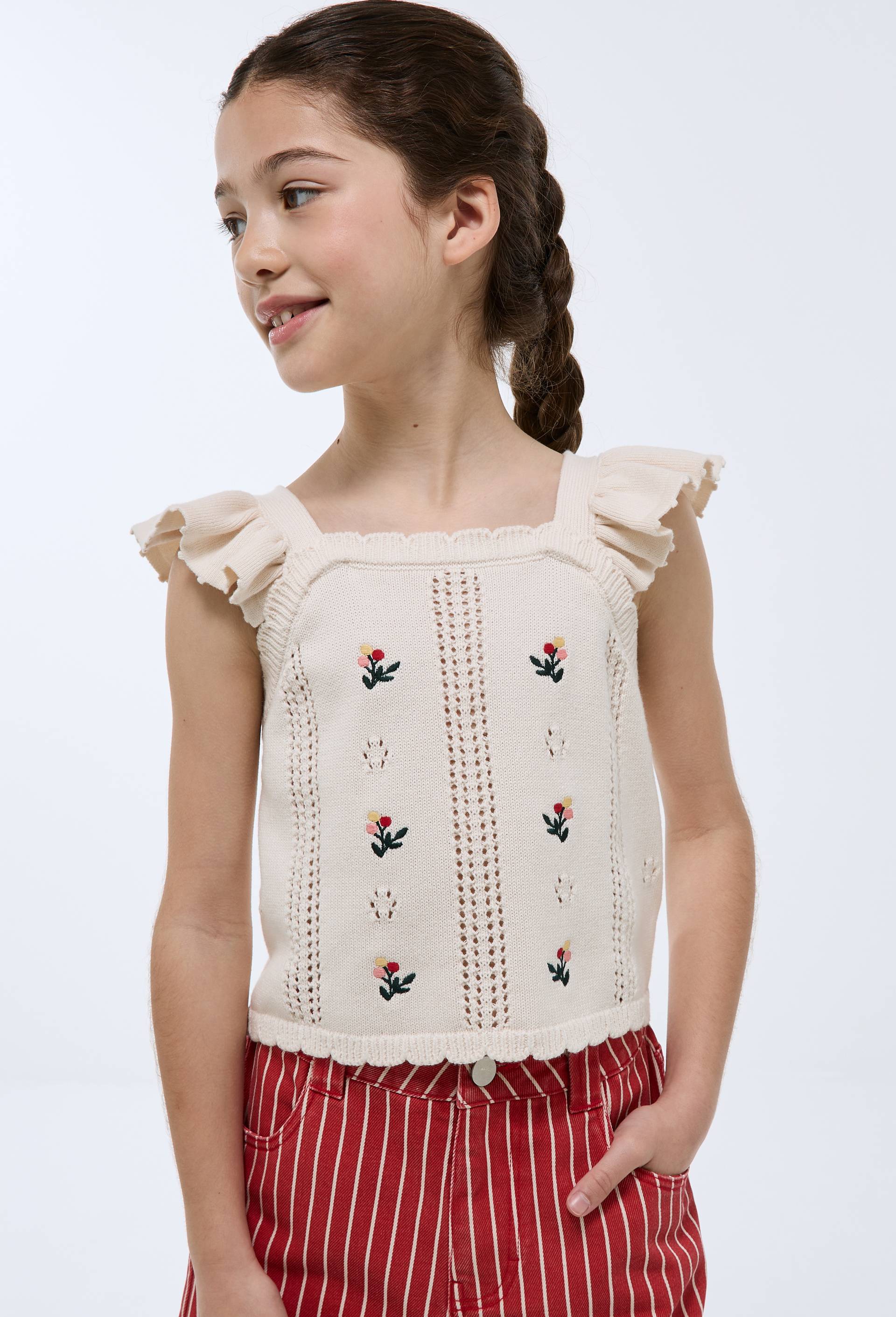 Top en maille fine brod&eacute;, Beige clair, large image number 1
