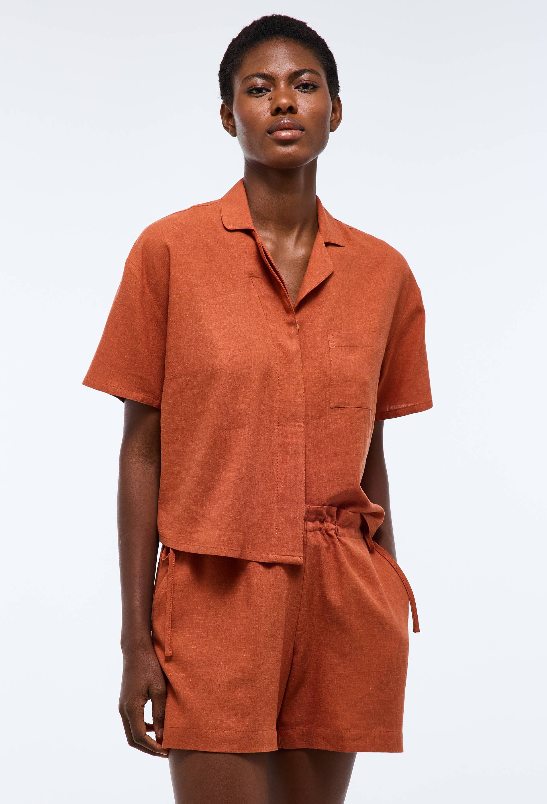 Pyjashort uni en viscose et lin, Orange fonc&eacute;, large image number 0