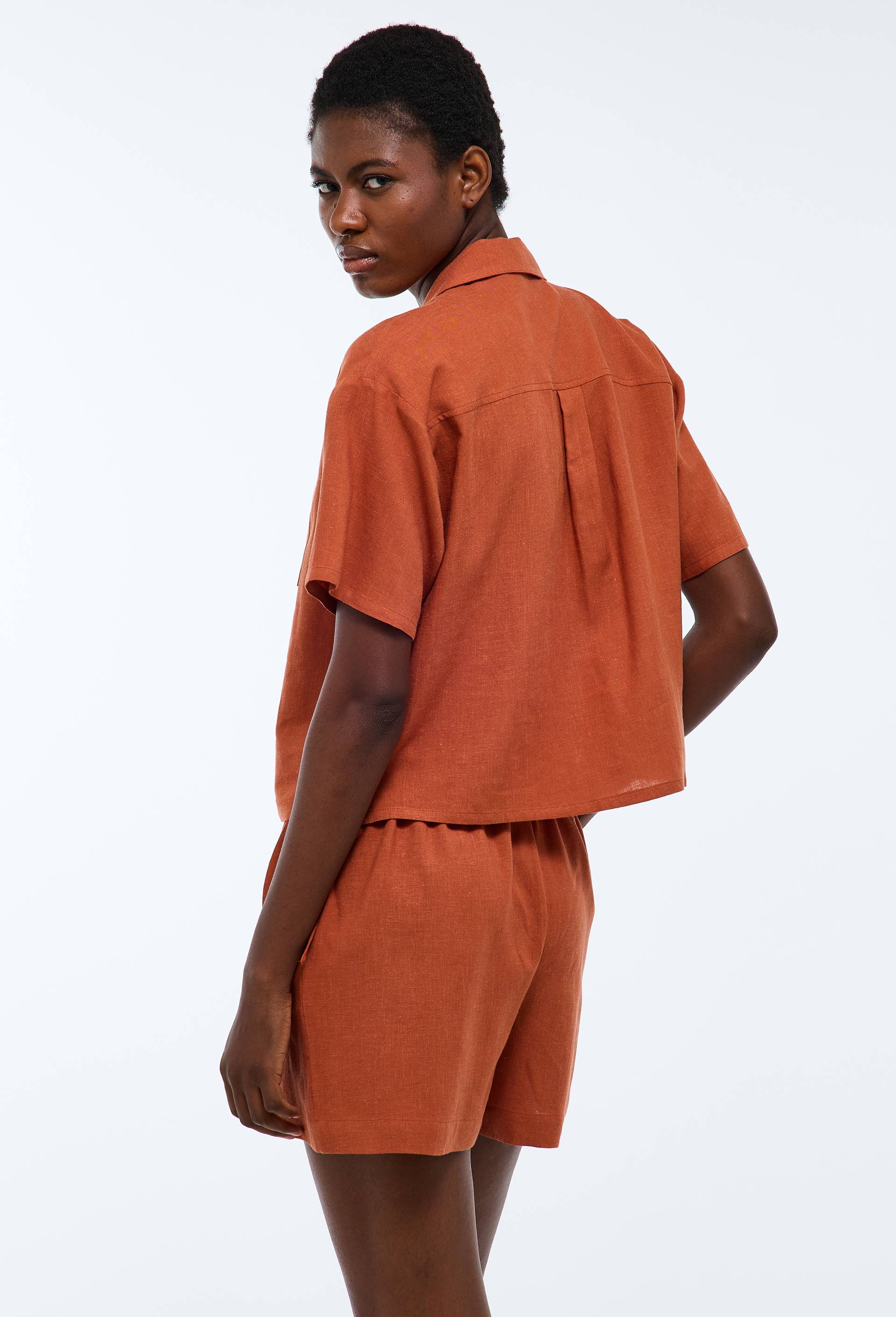 Pyjashort uni en viscose et lin, Orange fonc&eacute;, large image number 2