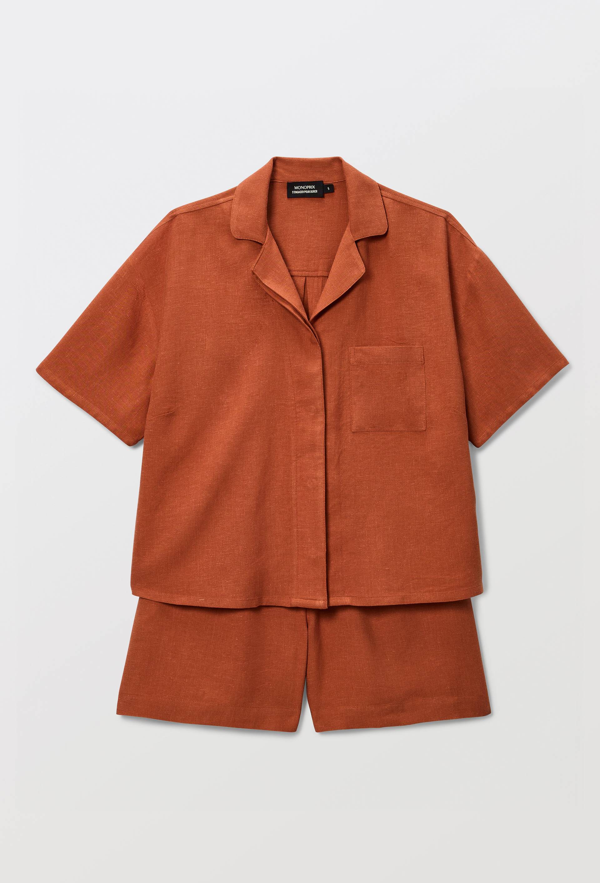Pyjashort uni en viscose et lin, Orange fonc&eacute;, large image number 3.0