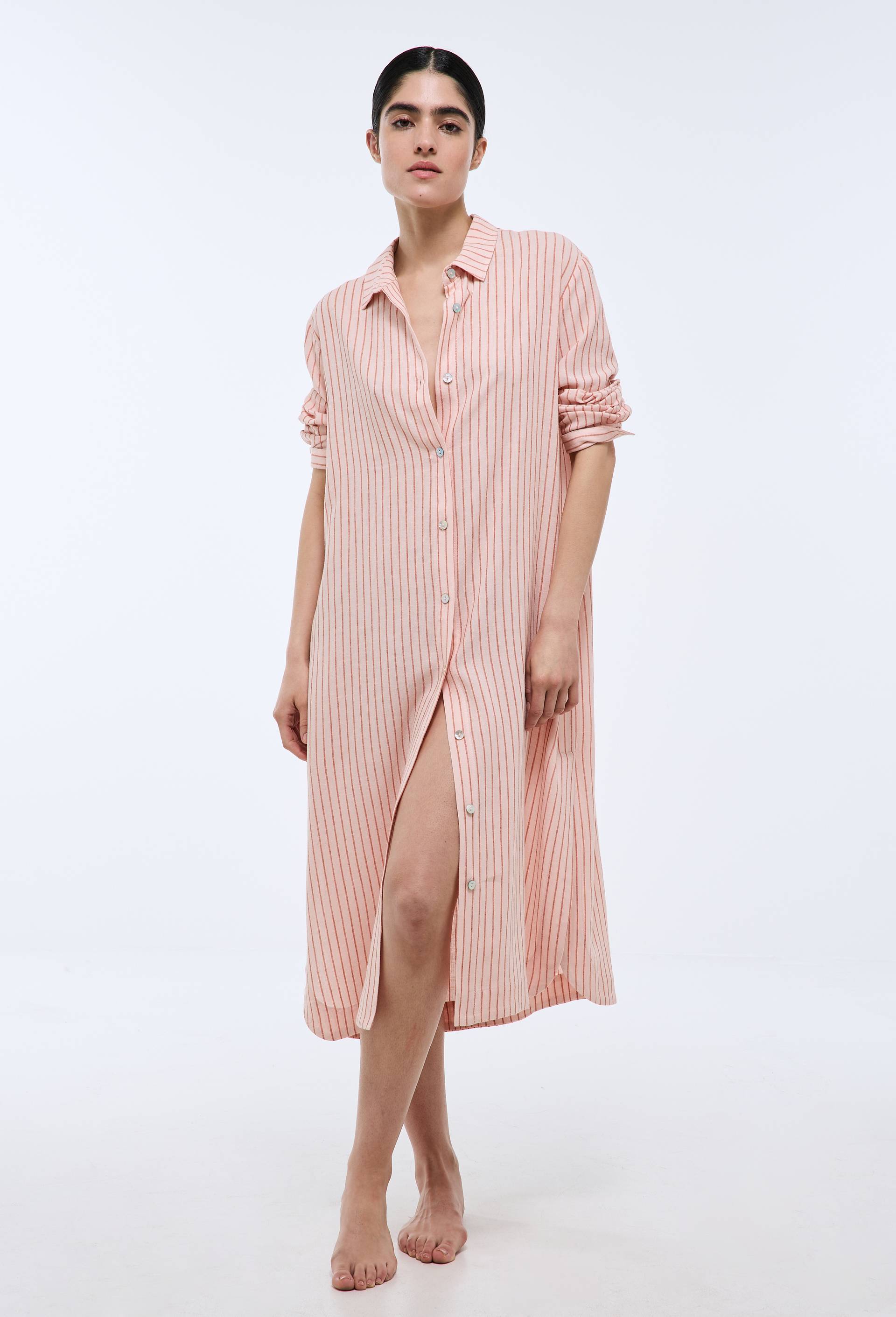 Chemise de nuit ray&eacute;e en viscose et lin, Rose, large image number 0