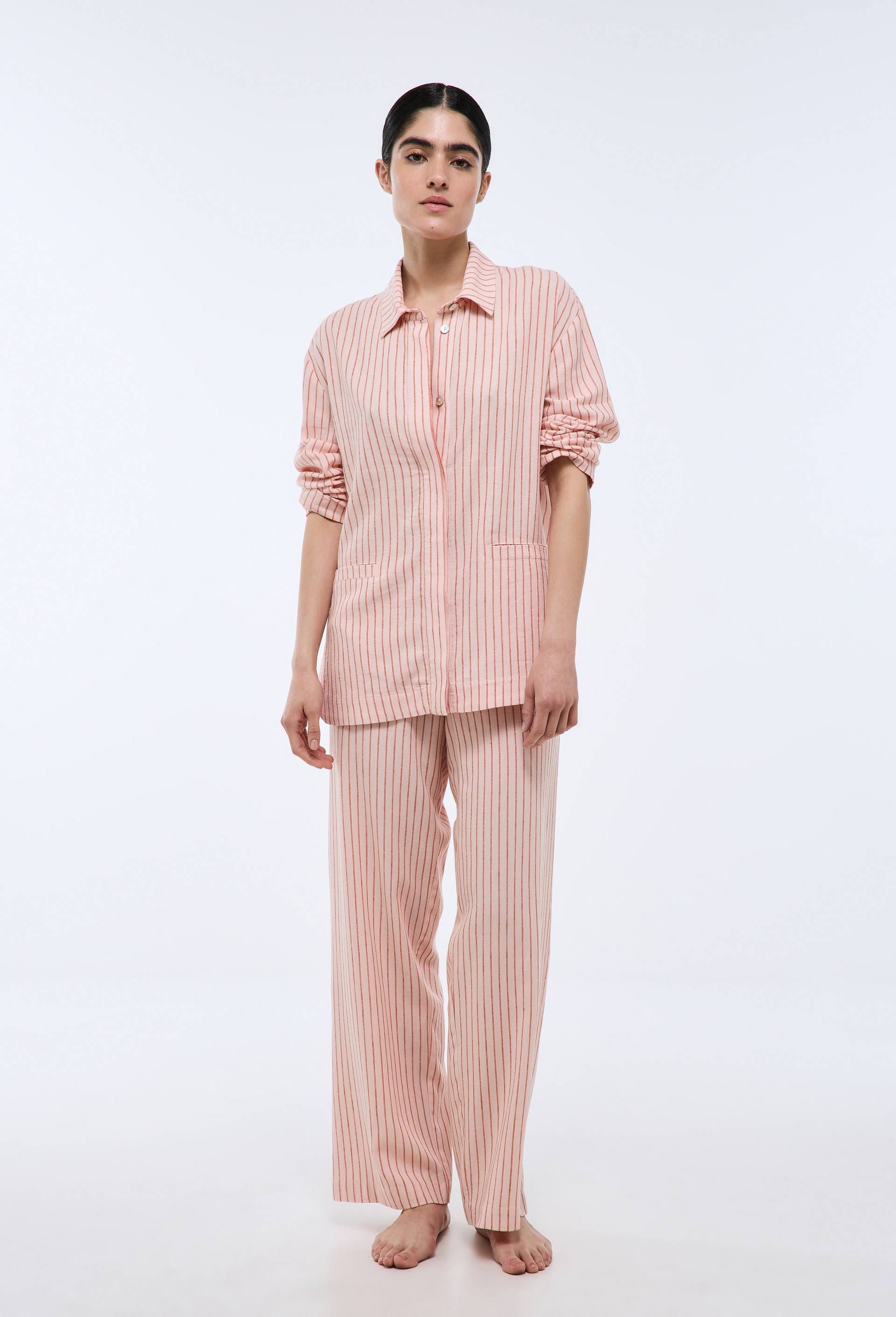 Pyjama long ray&eacute; en viscose et lin, Rose, large image number 0