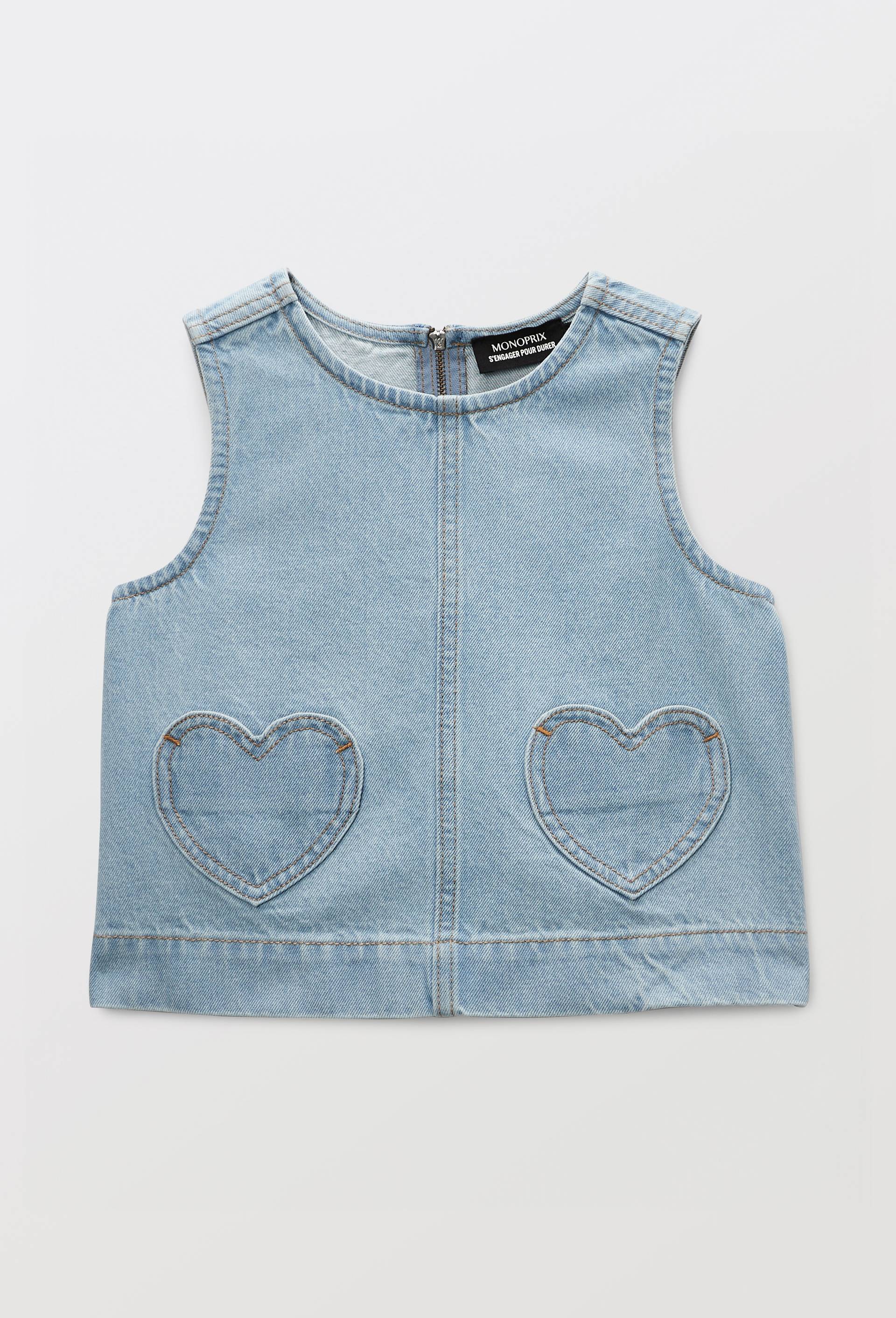 Top sans manches en jean avec poches coeur en coton, Bleu clair, large image number 2