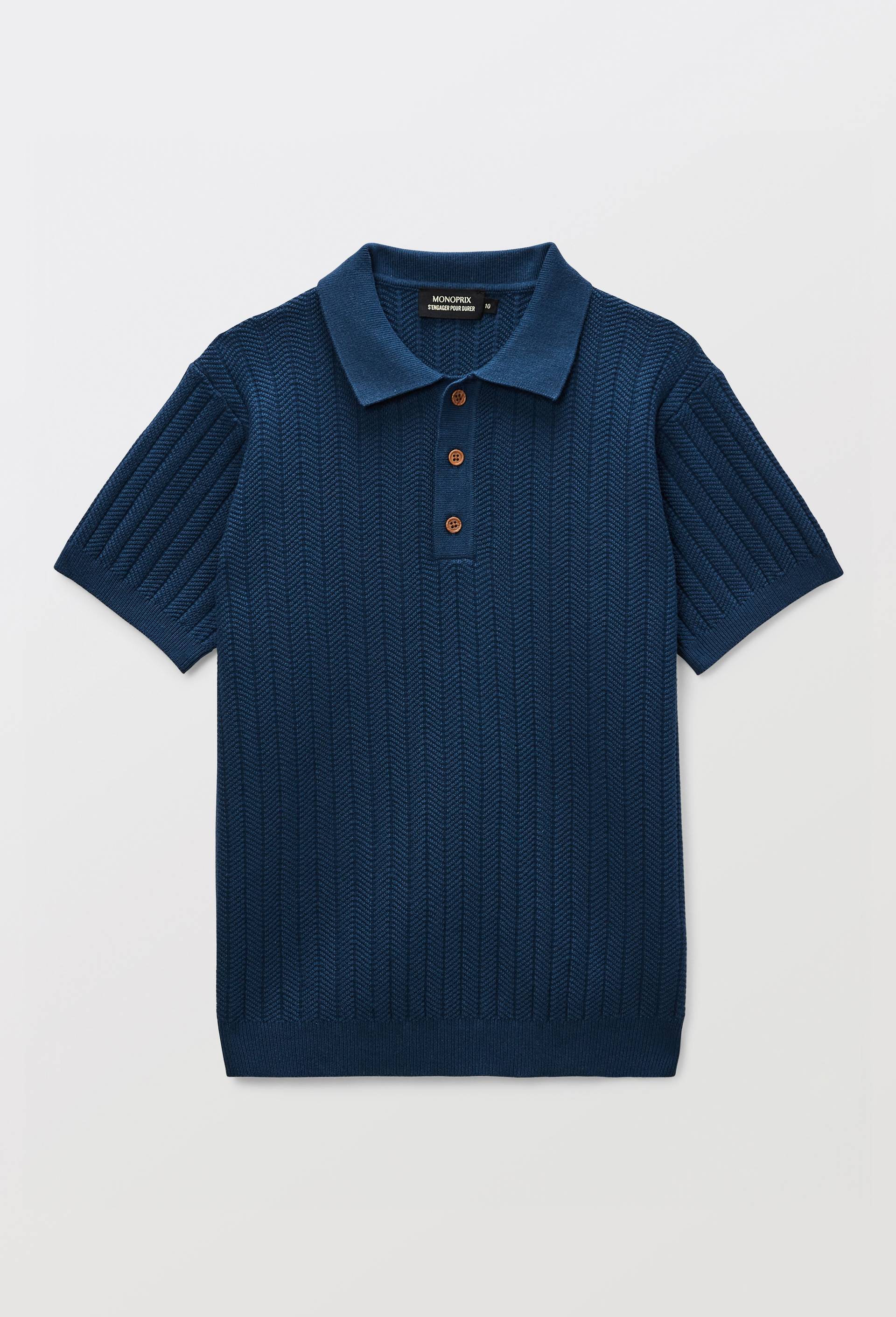 Polo maille manches courtes uni en coton, Bleu fonc&eacute;, large image number 1