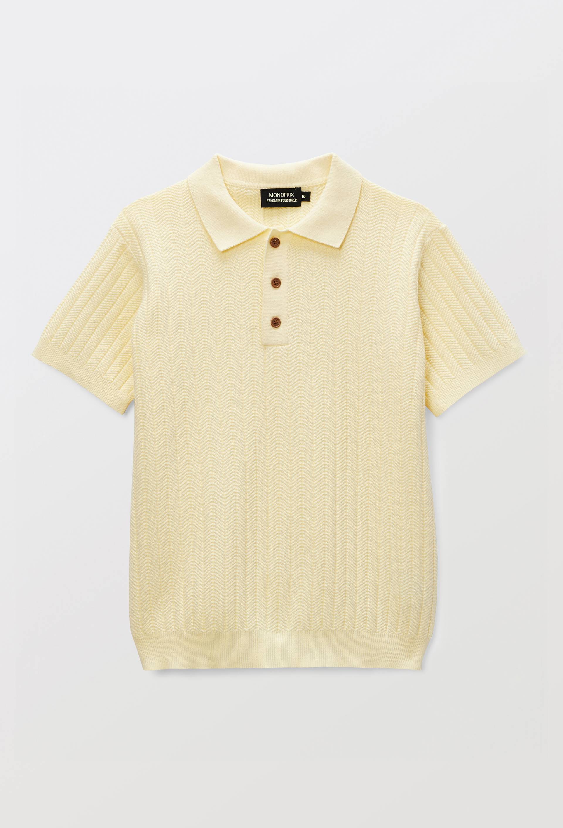Polo maille manches courtes uni en coton, Jaune clair, large image number 2