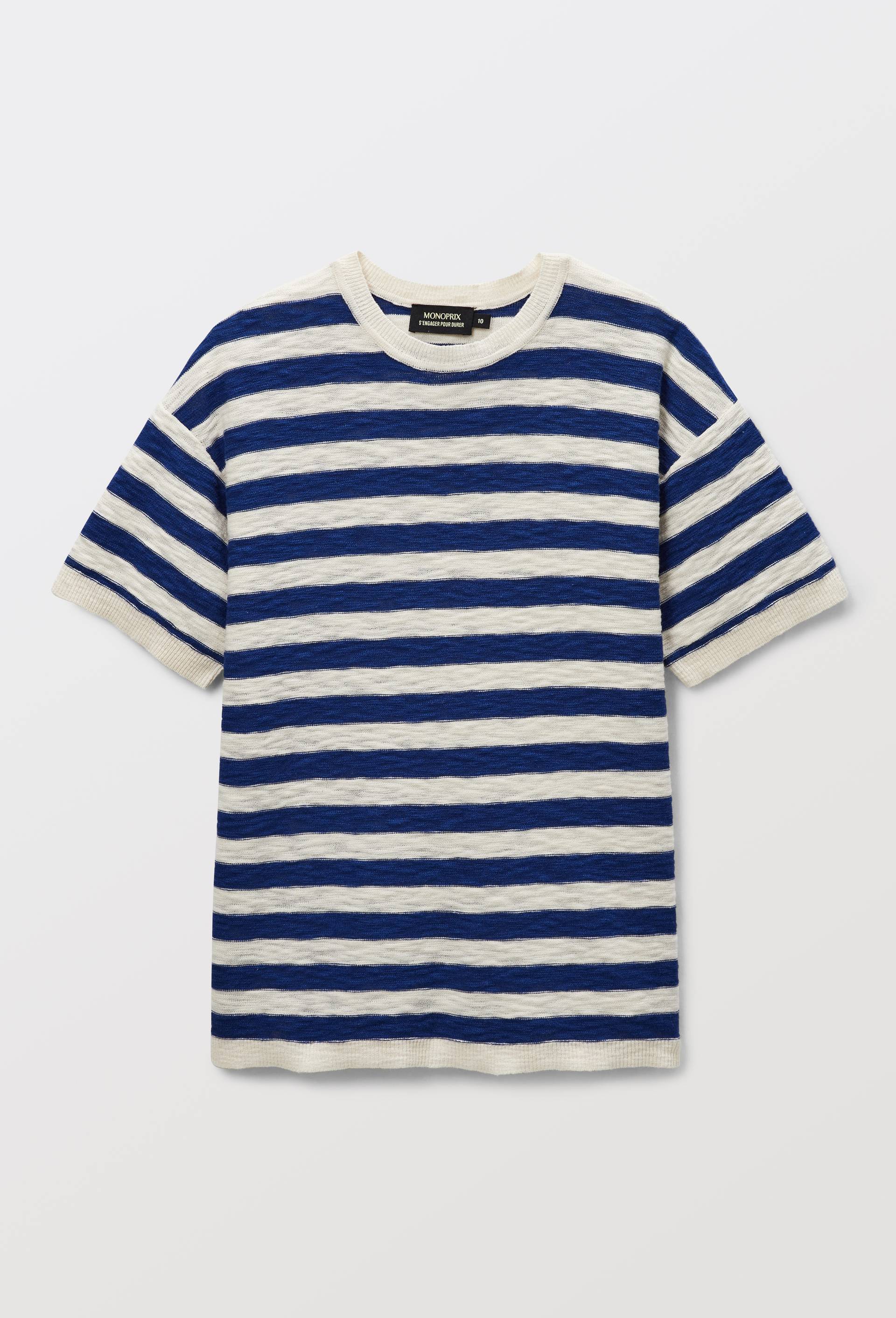 Tshirt ray&eacute; manches courtes ray&eacute; en maille en coton, Bleu, swatch image