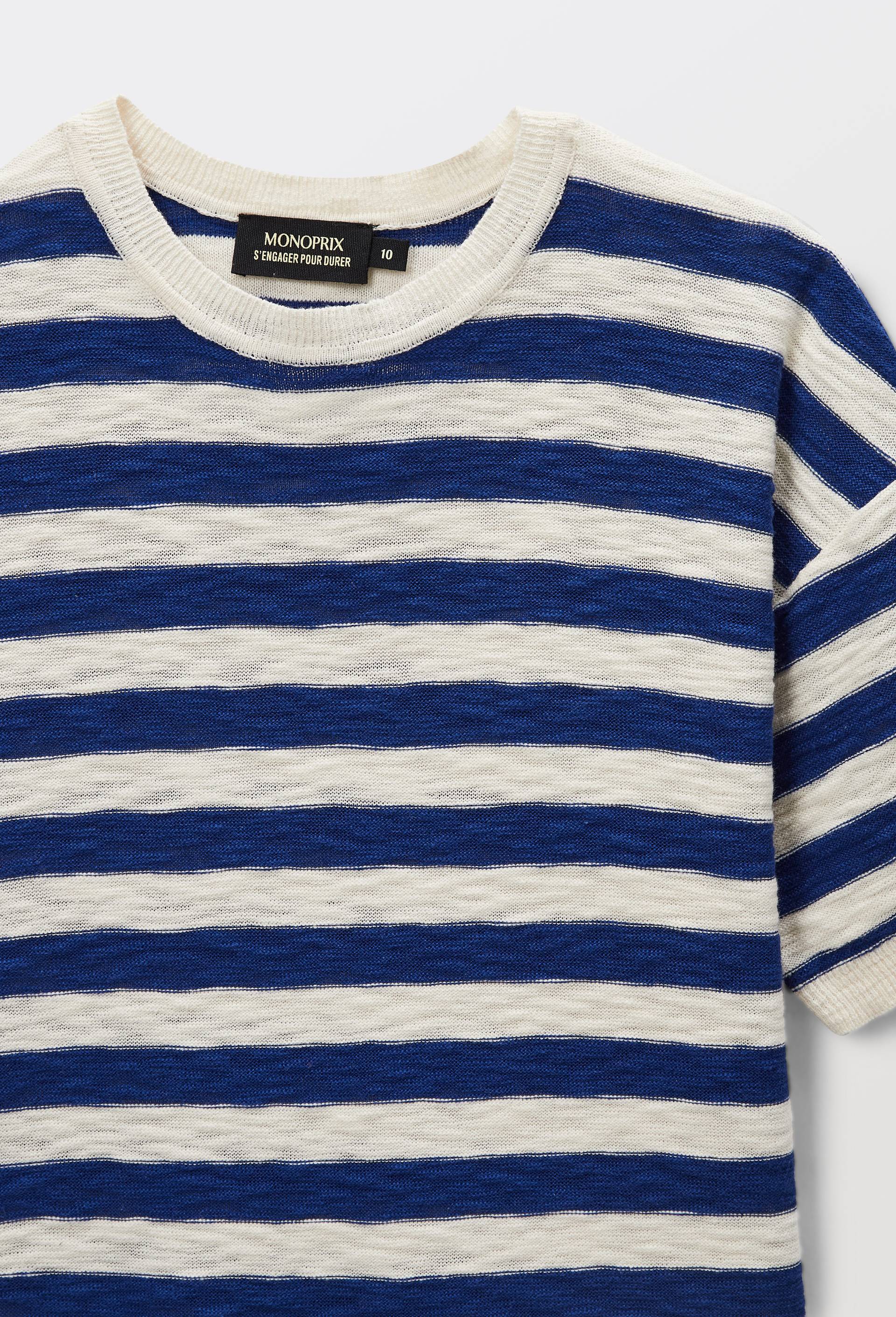 Tshirt ray&eacute; manches courtes ray&eacute; en maille en coton, Bleu, large image number 2
