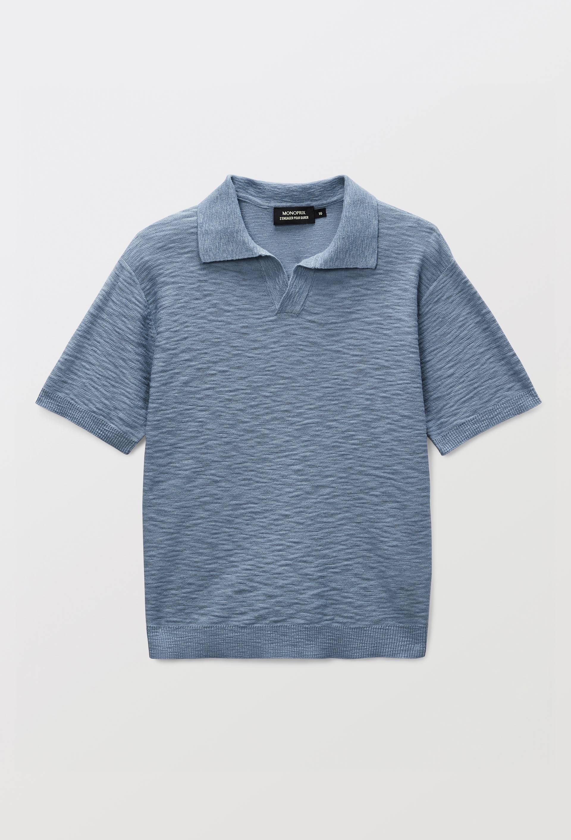 Polo maille manches courtes uni en coton, Bleu, large image number 1