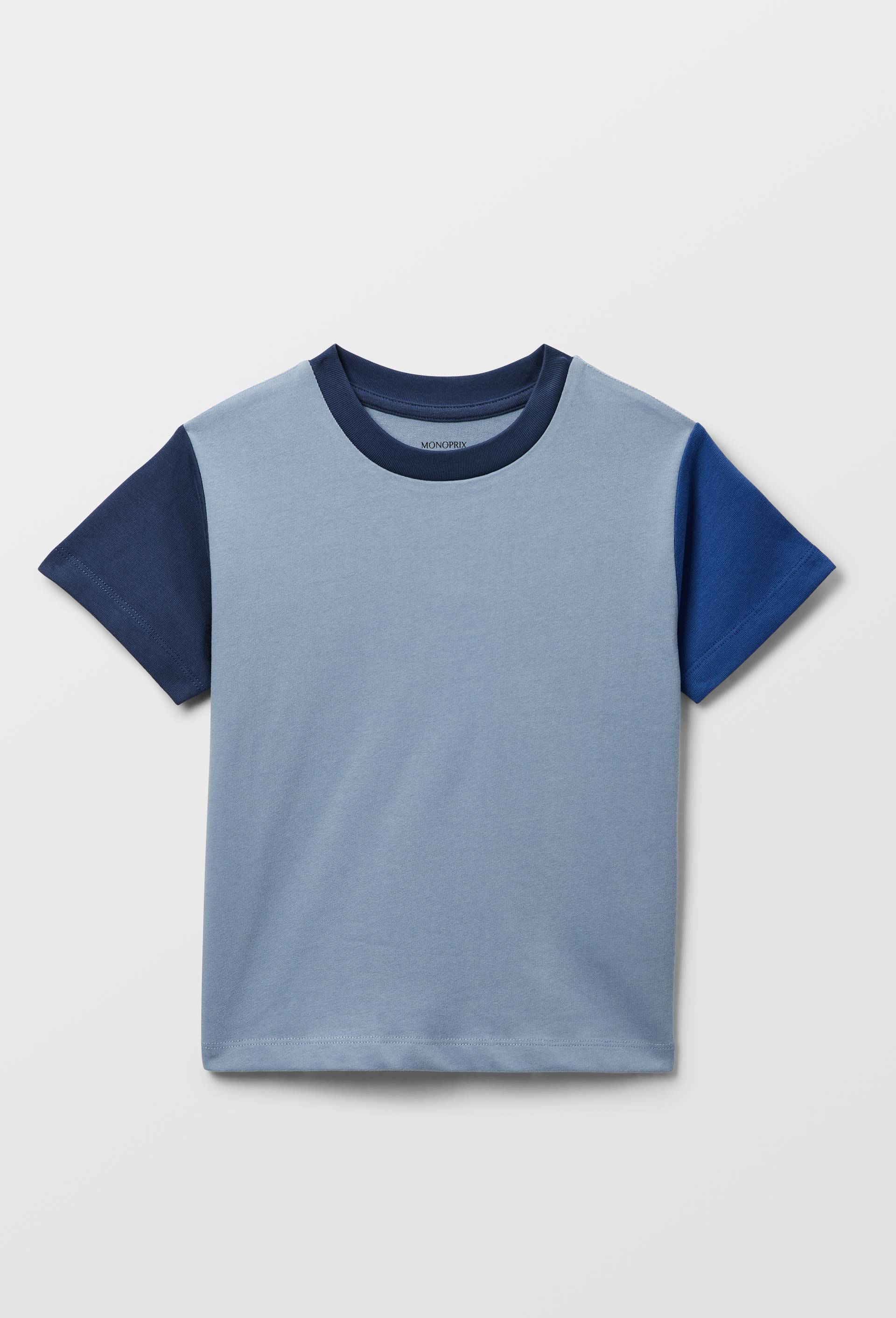 T-shirt manches courtes tricolore en coton BIO GOTS, Bleu, large image number 0