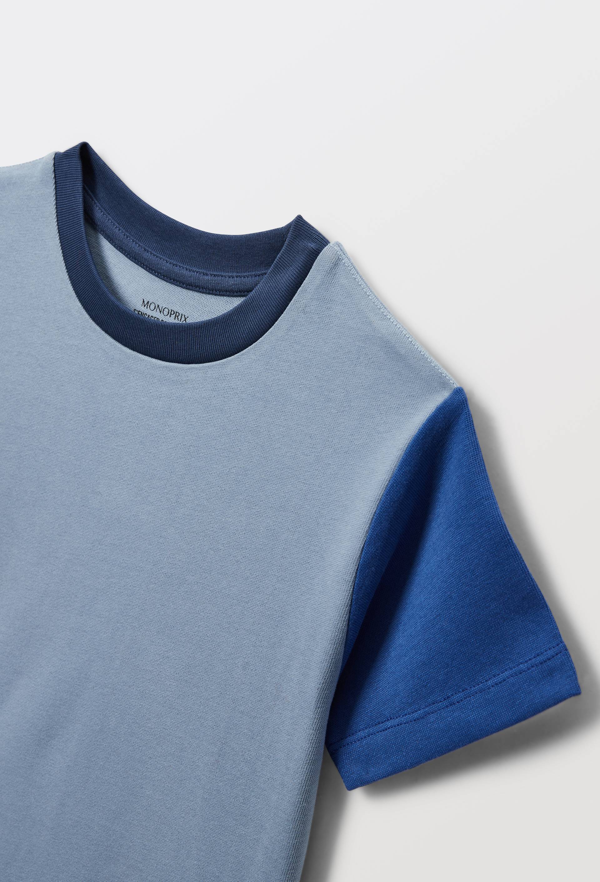 T-shirt manches courtes tricolore en coton BIO GOTS, Bleu, large image number 2