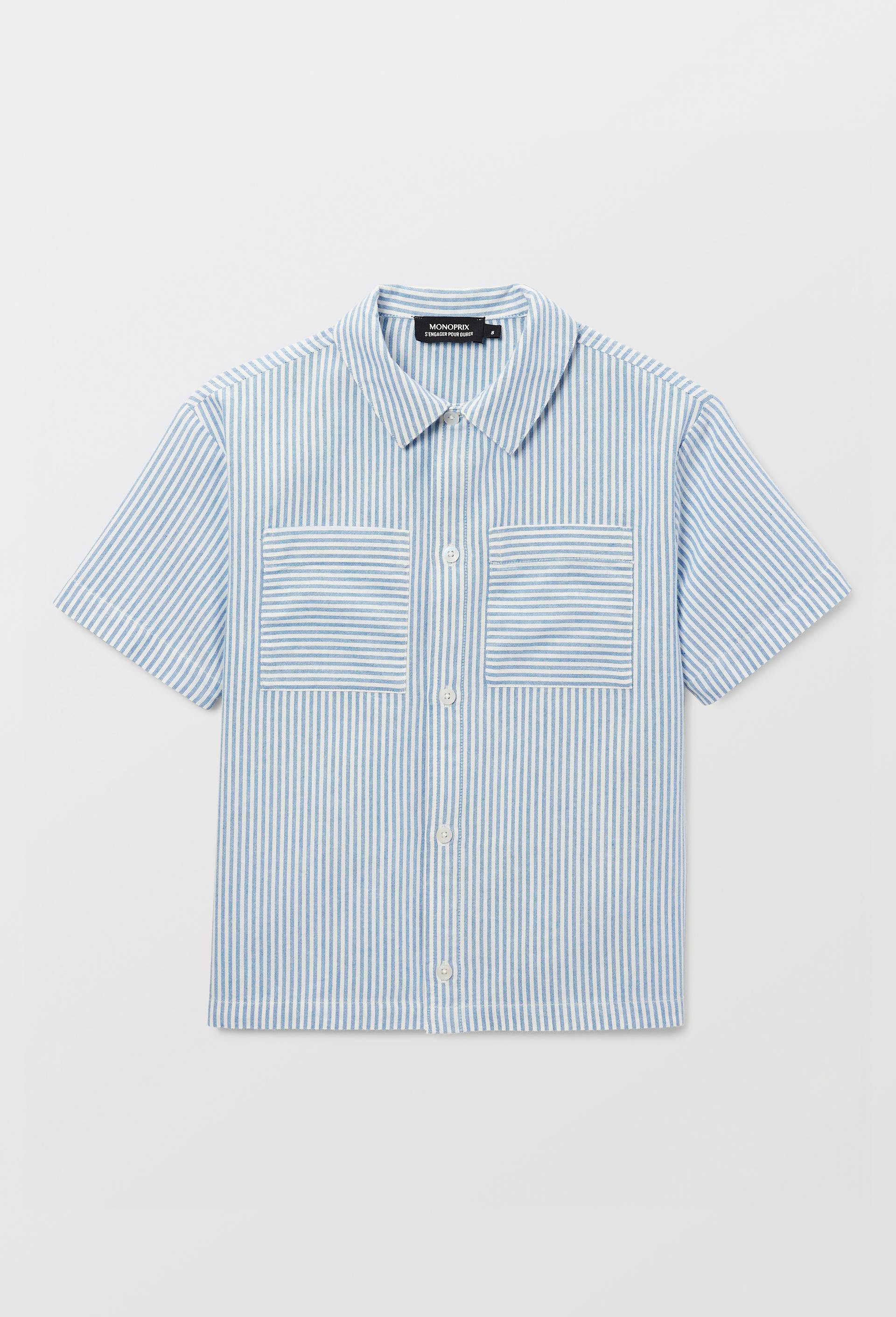 Chemise manches courtes ray&eacute;e en coton BIO GOTS, Bleu, large image number 1.0