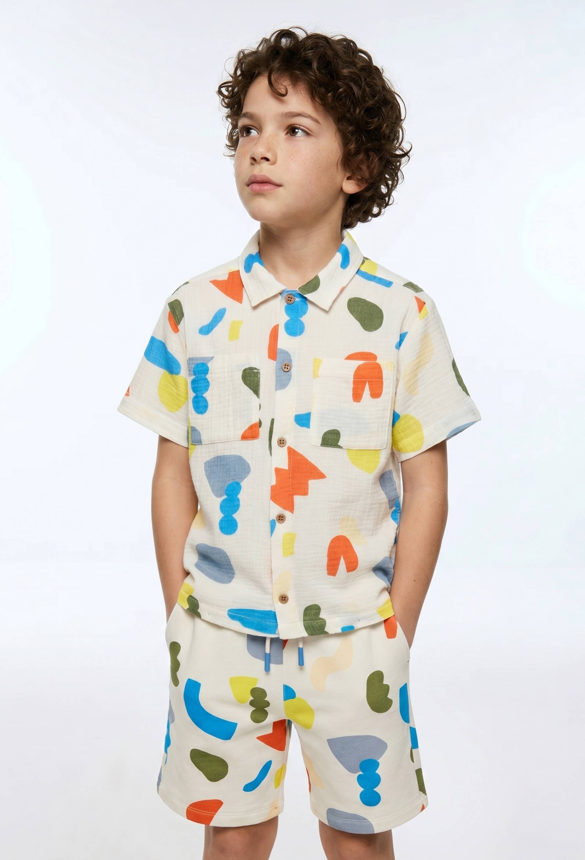 Chemise manches courtes imprim&eacute;e en gaze de coton BIO GOTS, Beige clair, large image number 0.0