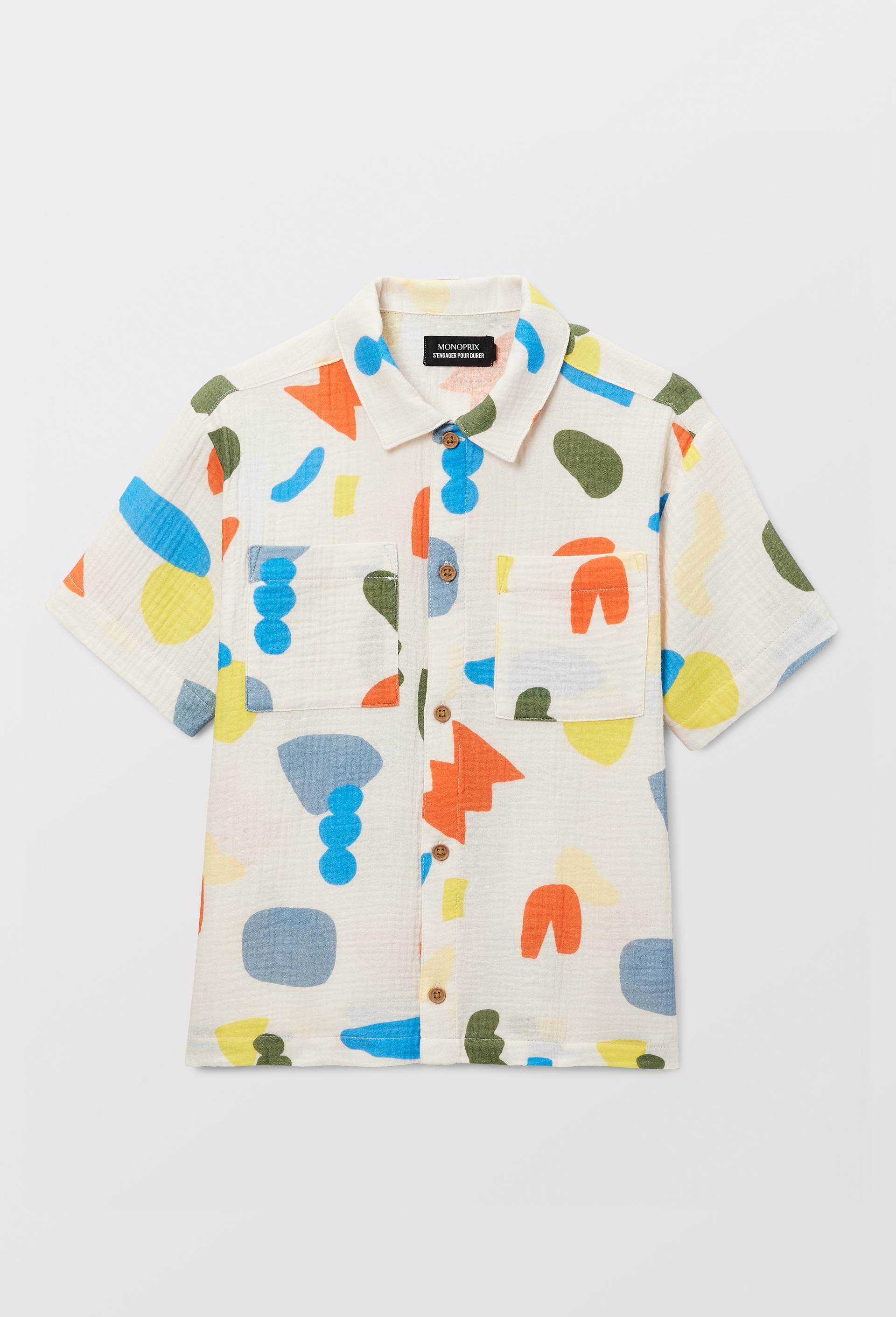 Chemise manches courtes imprim&eacute;e en gaze de coton BIO GOTS, Beige clair, large image number 1