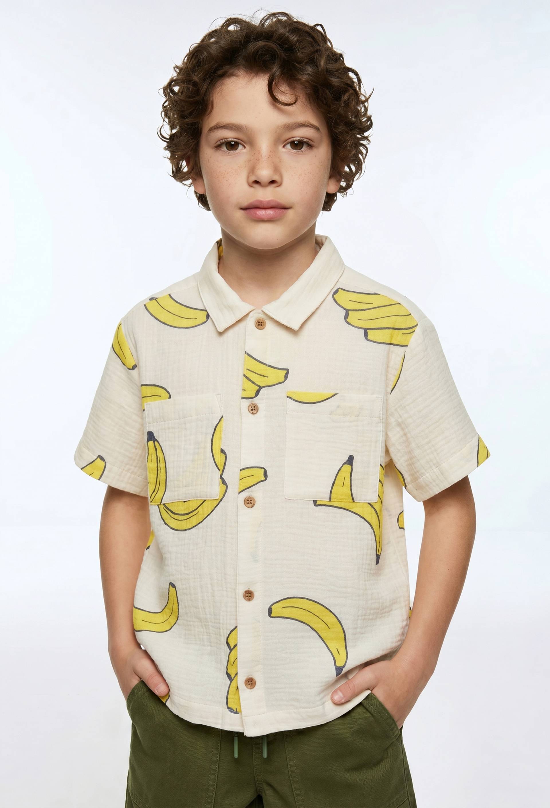 Chemise manches courtes imprim&eacute;e en gaze de coton BIO GOTS, Beige clair, large image number 0.0