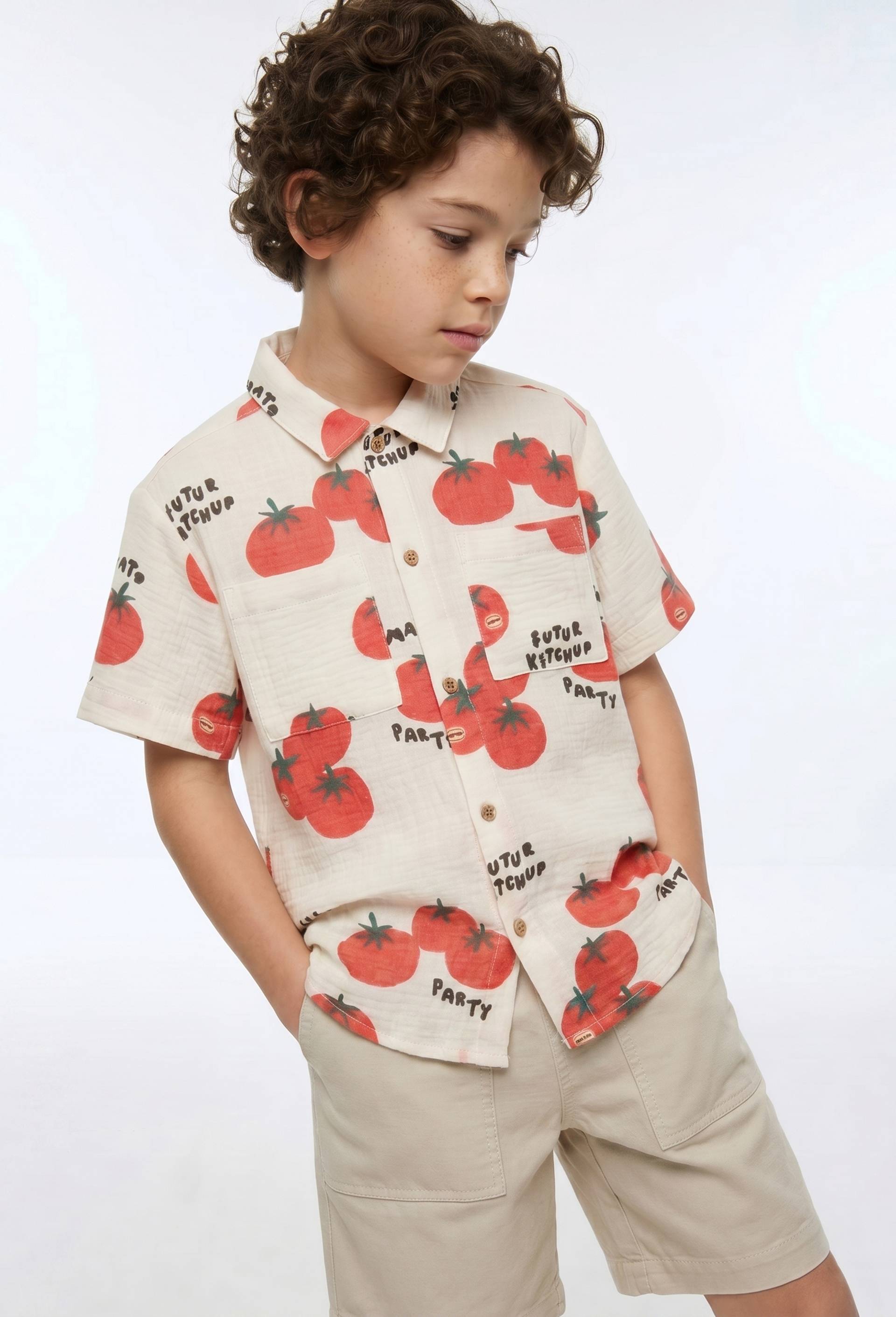 Chemise manches courtes imprim&eacute;e en gaze de coton BIO GOTS, Beige clair, large image number 0