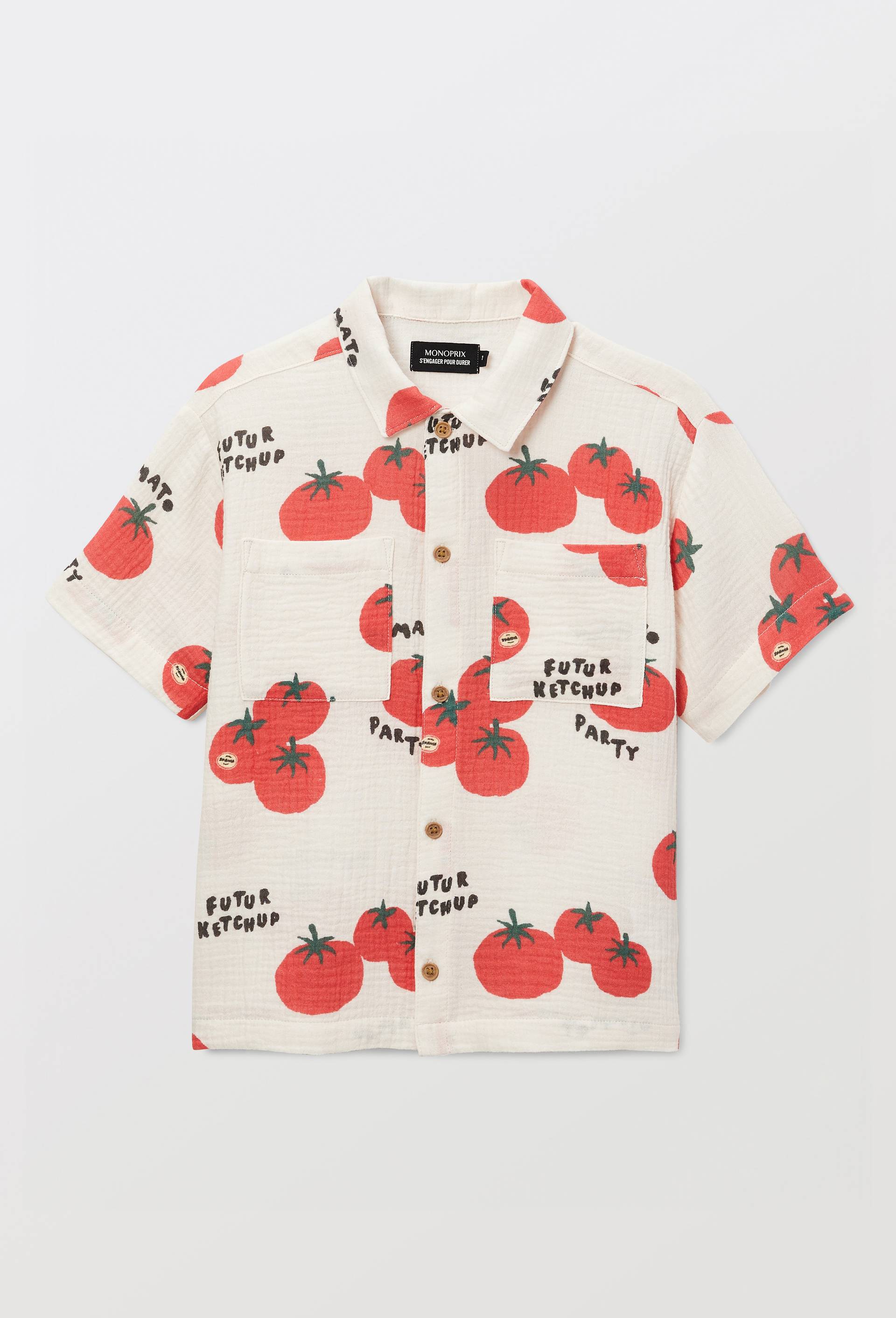 Chemise manches courtes imprim&eacute;e en gaze de coton BIO GOTS, Beige clair, large image number 1