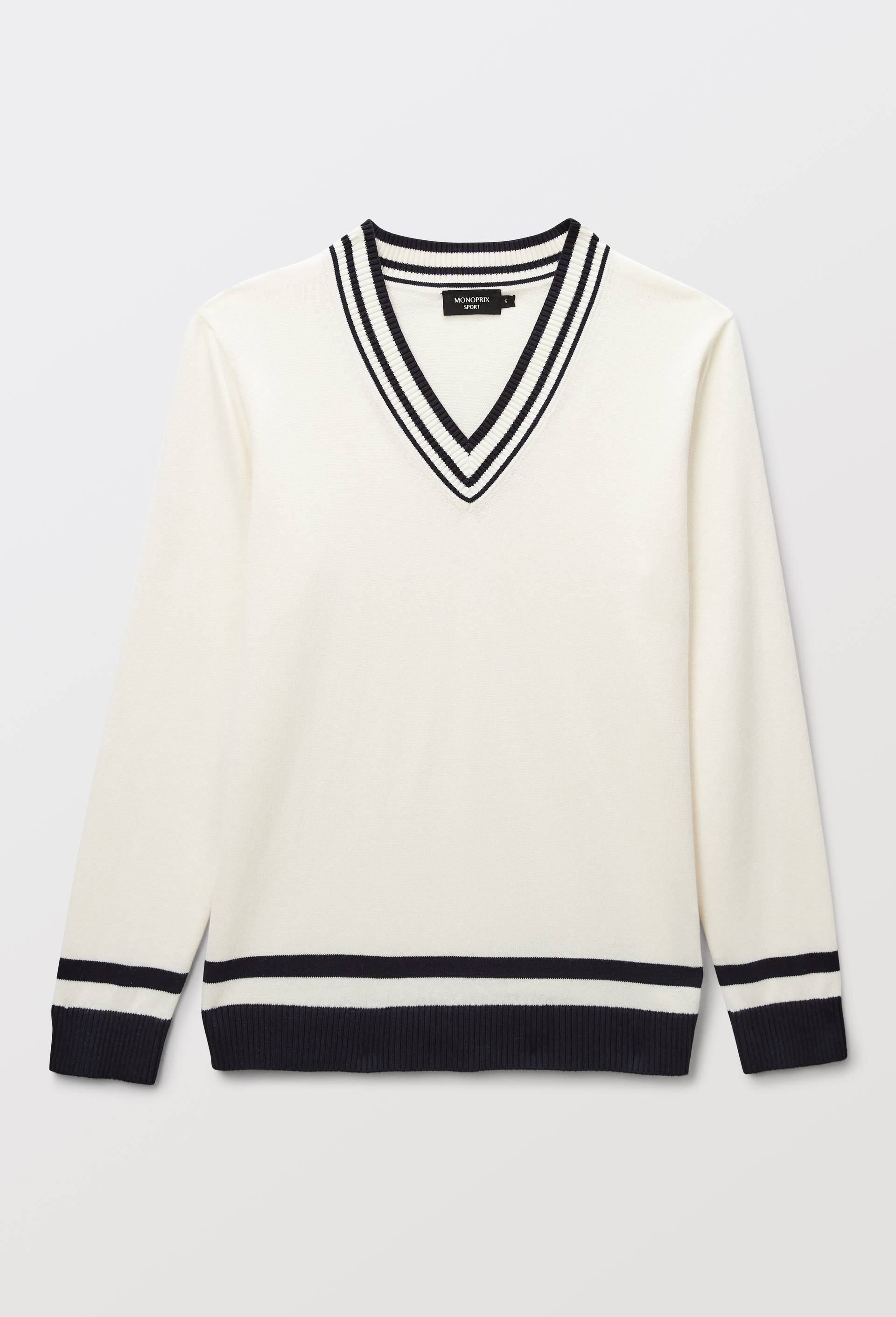 Pull de golf &agrave; manches longues et col V constrast&eacute;, Ecru, large image number 2.0