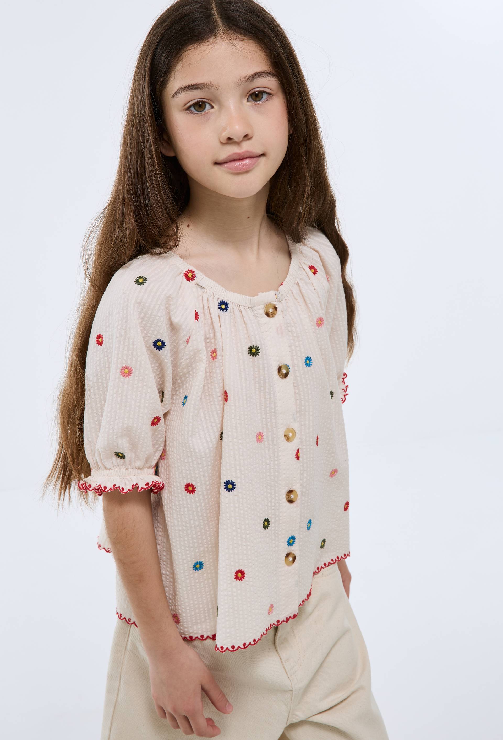 Blouse manche courte brod&eacute;e en coton, Beige clair, large image number 0