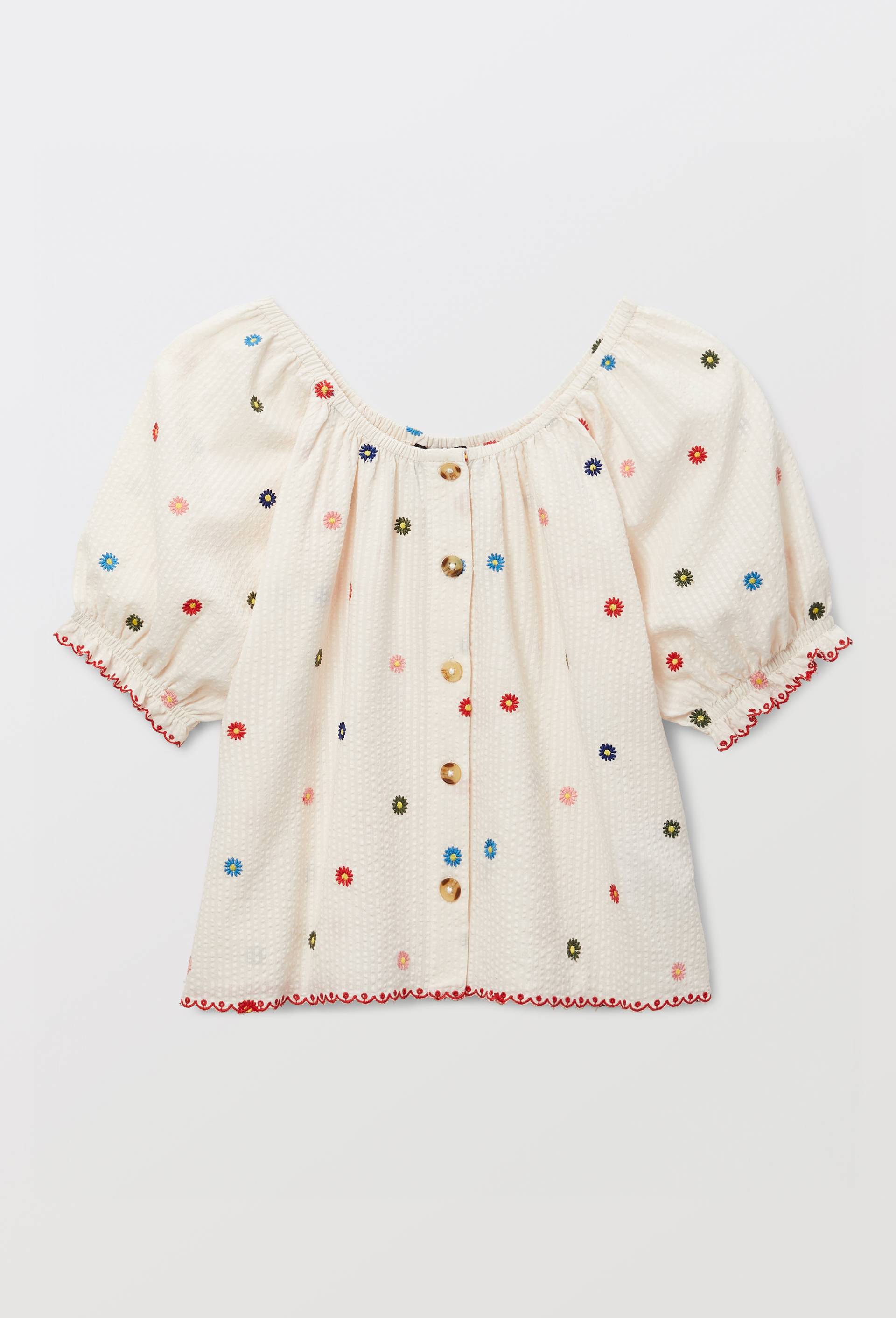 Blouse manche courte brod&eacute;e en coton, Beige clair, large image number 1