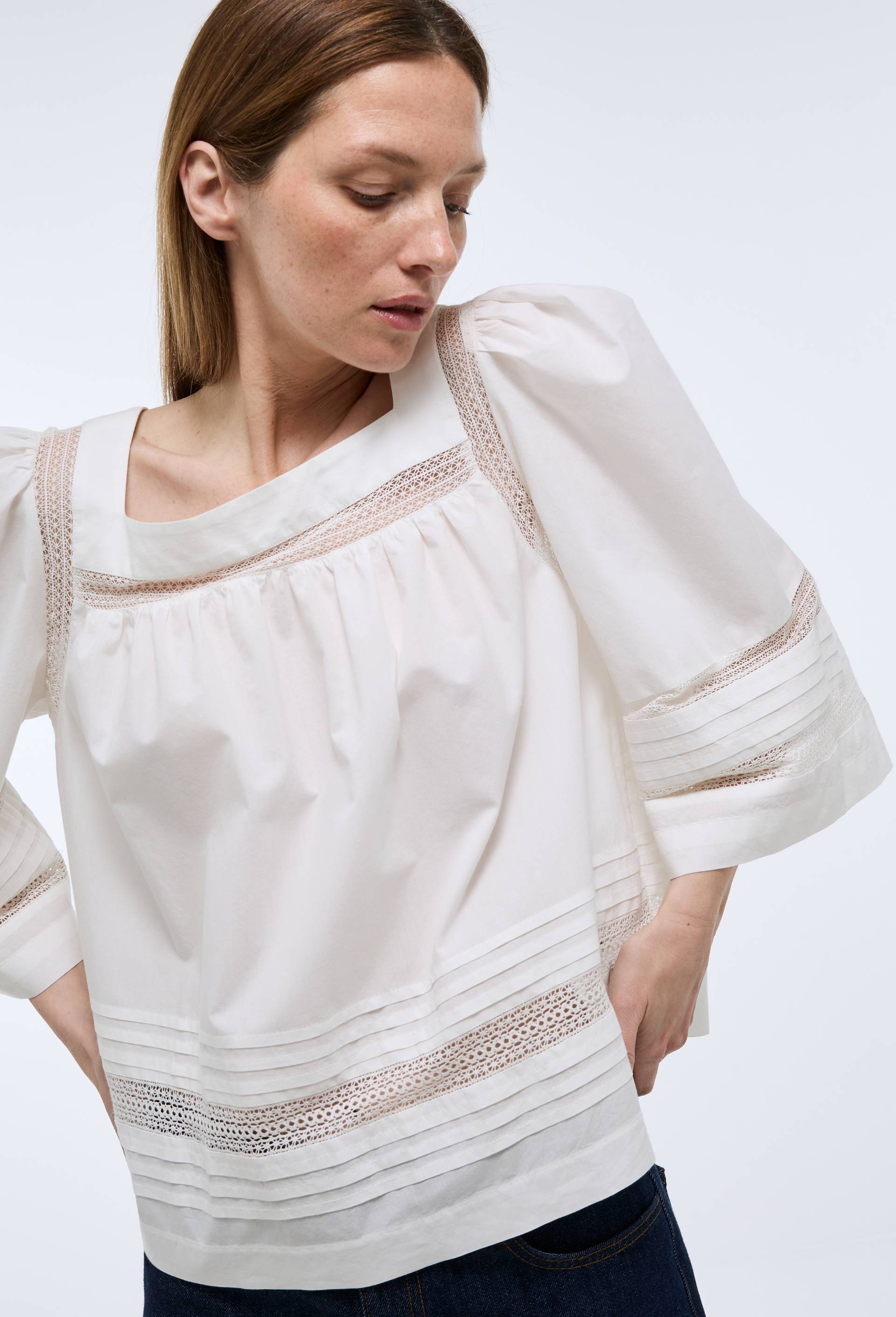 Blouse unie col carr&eacute; en coton BIO GOTS, Blanc, large image number 1