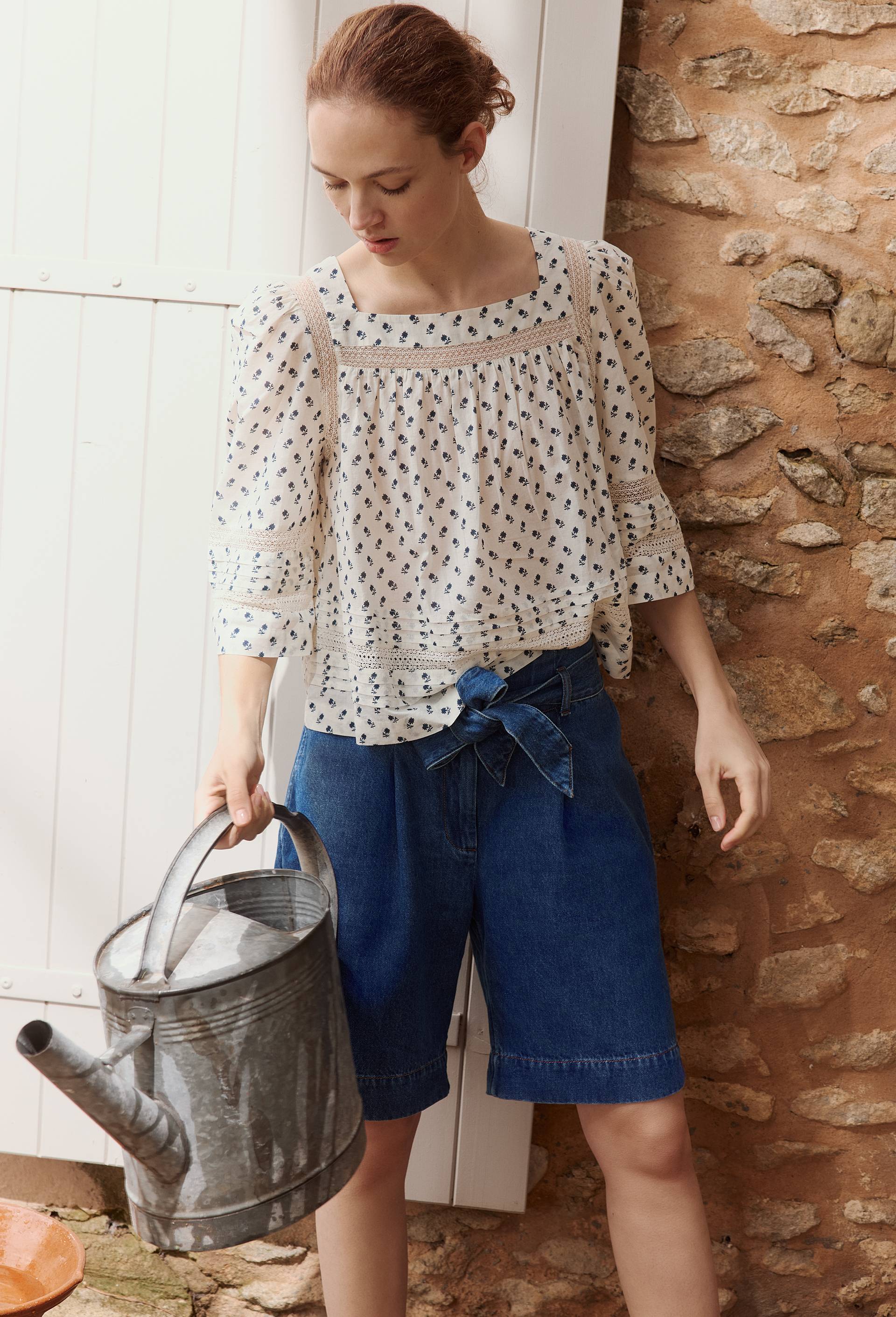 Blouse imprim&eacute;e col carr&eacute; en coton BIO GOTS, Beige clair, large image number 0.0
