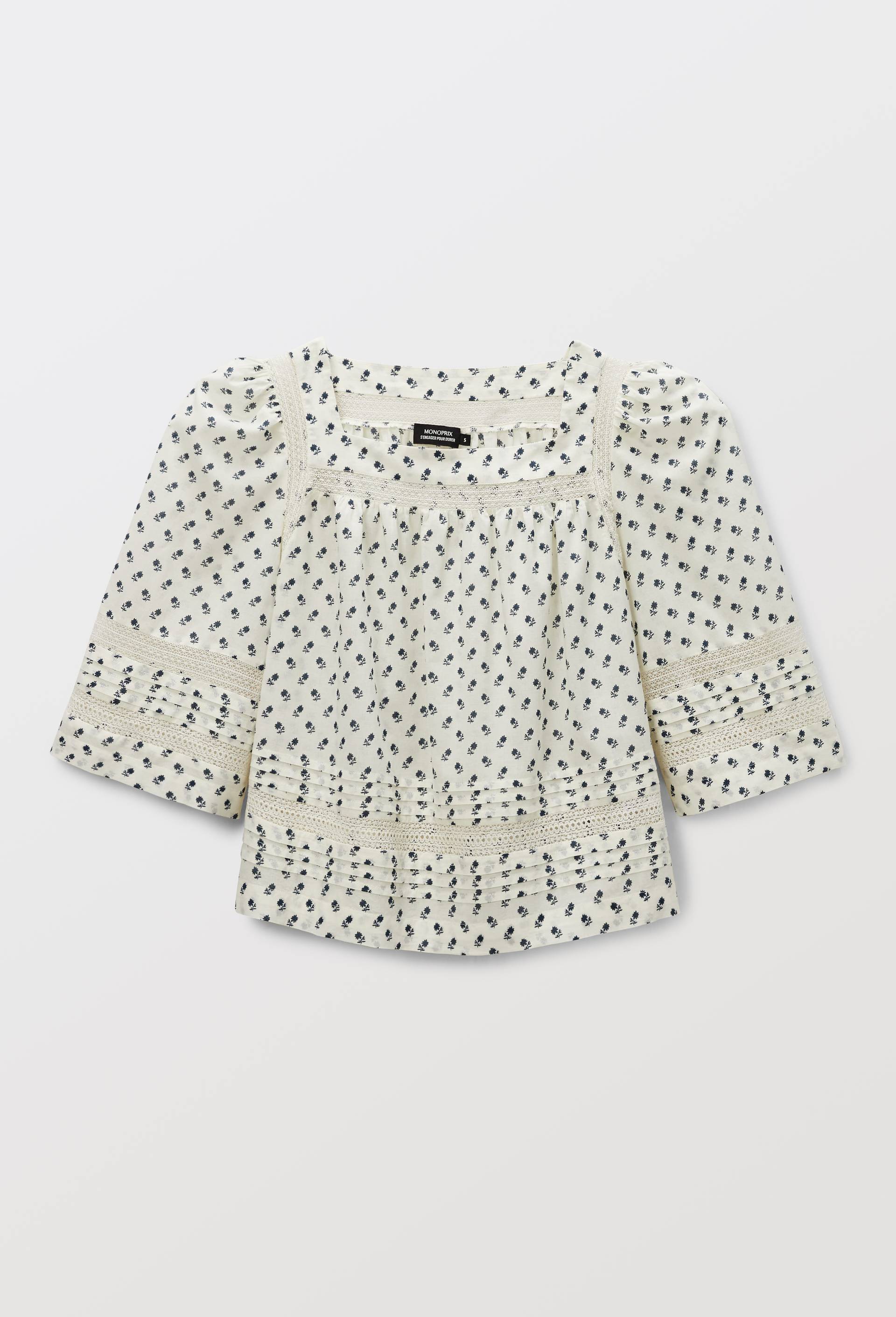 Blouse imprim&eacute;e col carr&eacute; en coton BIO GOTS, Beige clair, large image number 3