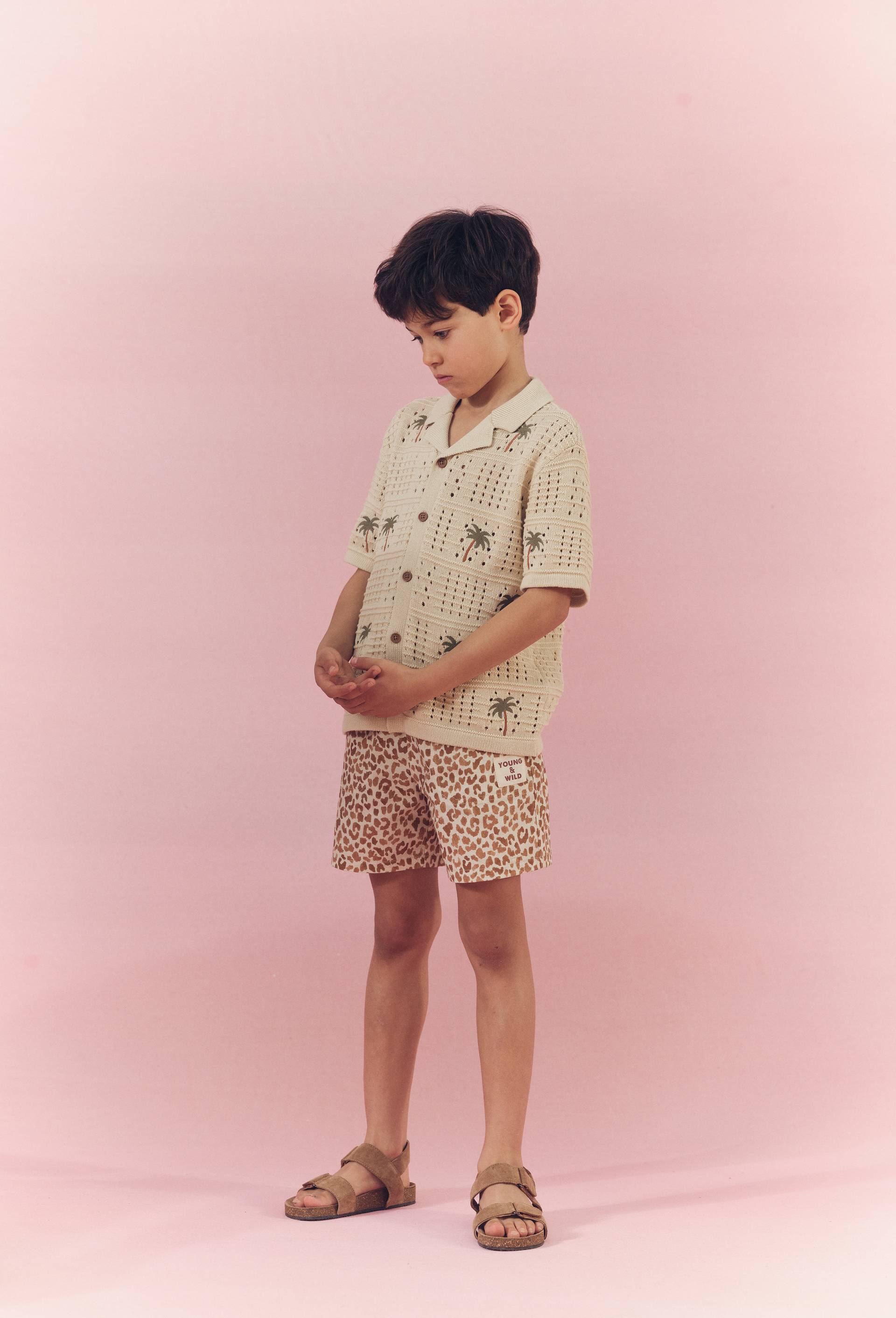 Chemise manches courtes brod&eacute;e en maille contient du coton, Beige clair, large image number 0.0