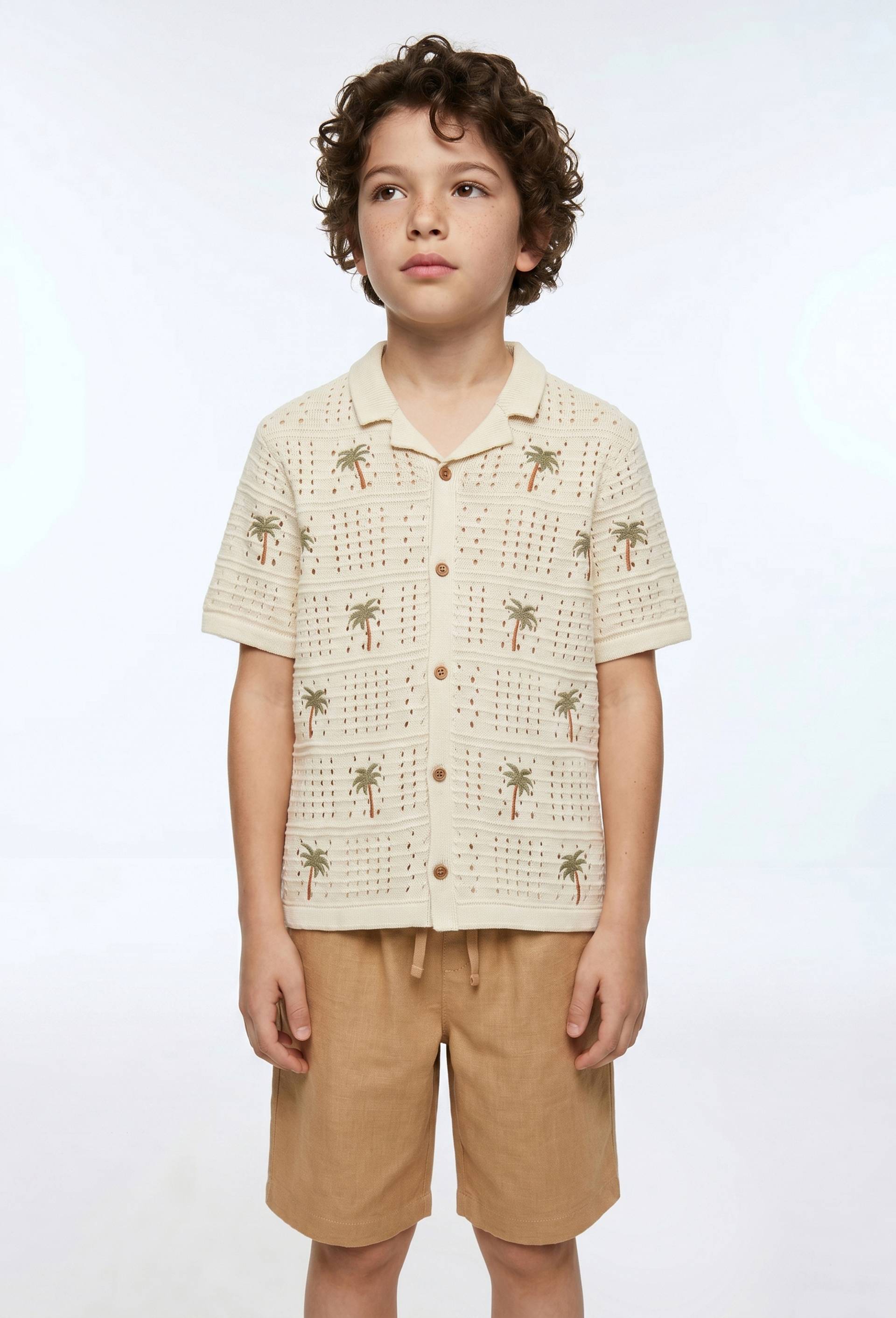 Chemise manches courtes brod&eacute;e en maille contient du coton, Beige clair, large image number 1.0