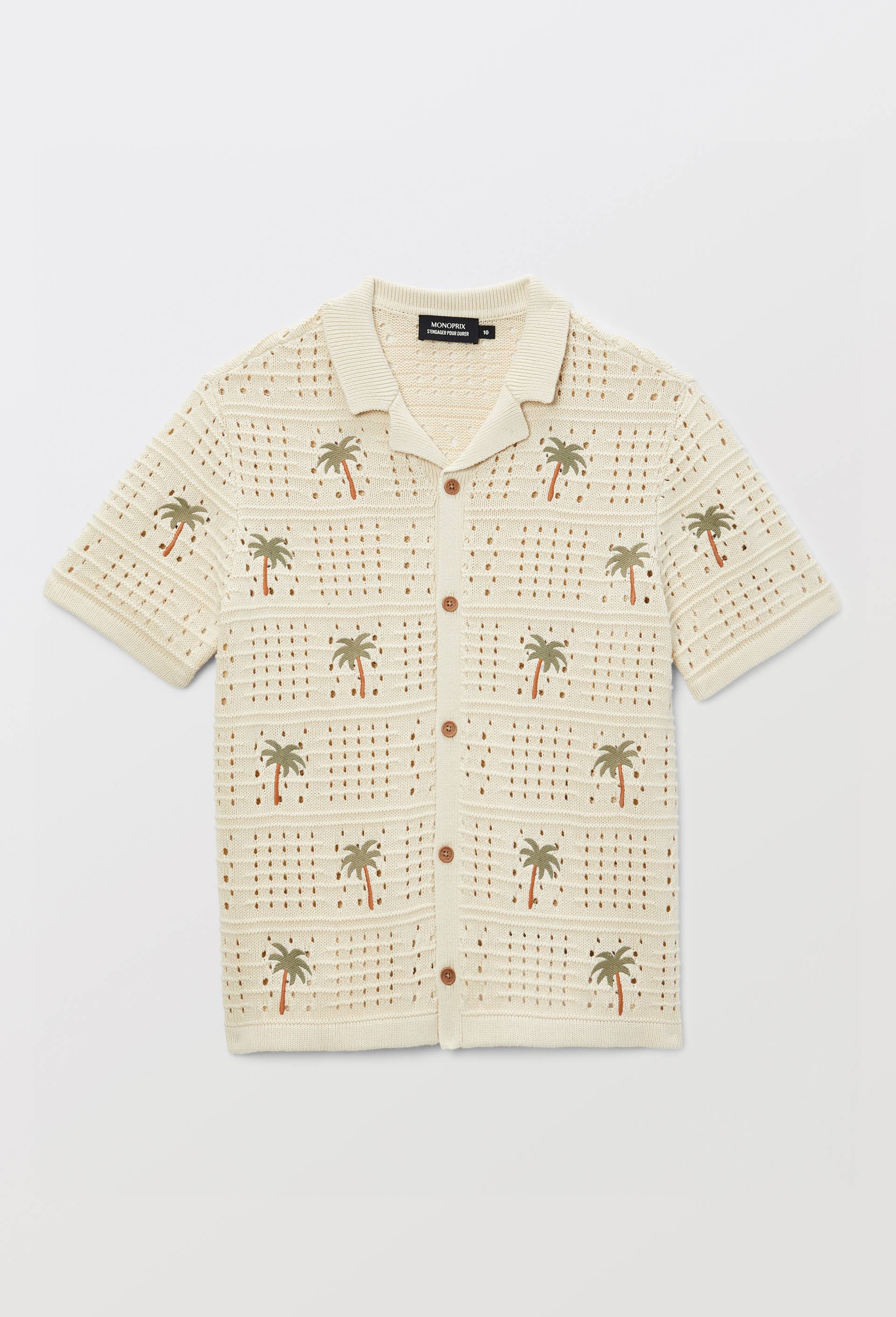 Chemise manches courtes brod&eacute;e en maille contient du coton, Beige clair, large image number 2