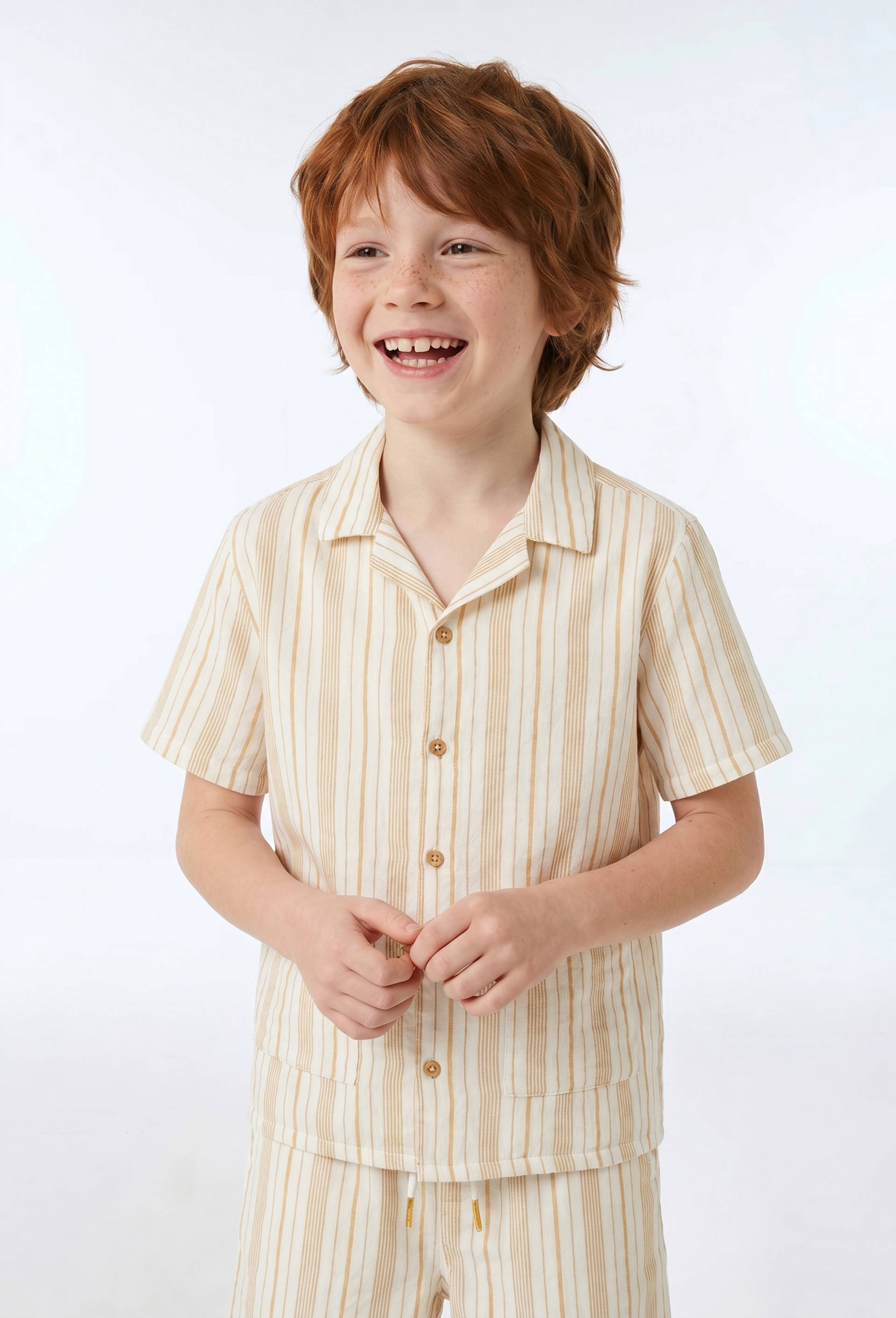 Chemise manches courtes ray&eacute;e en gaze de coton, Beige clair, large image number 0.0