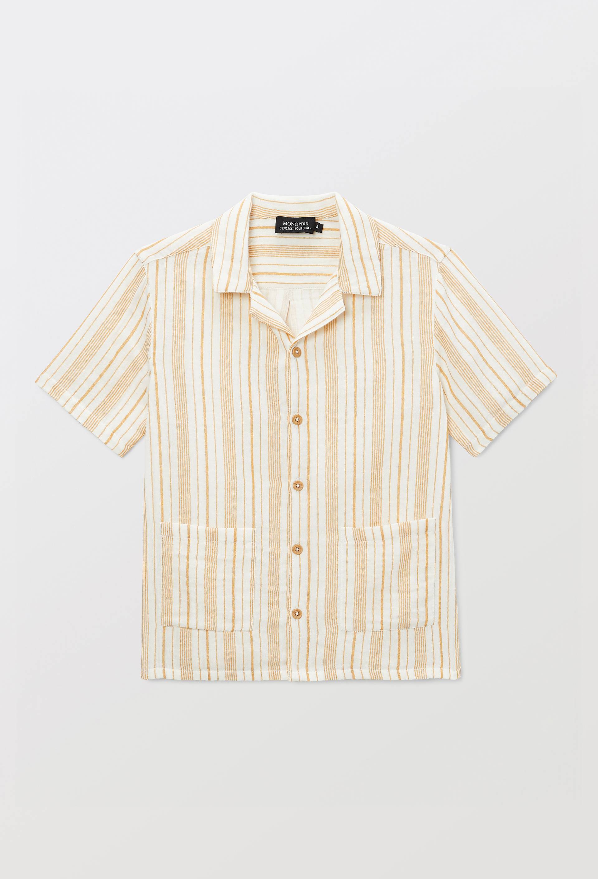 Chemise manches courtes ray&eacute;e en gaze de coton, Beige clair, large image number 1.0