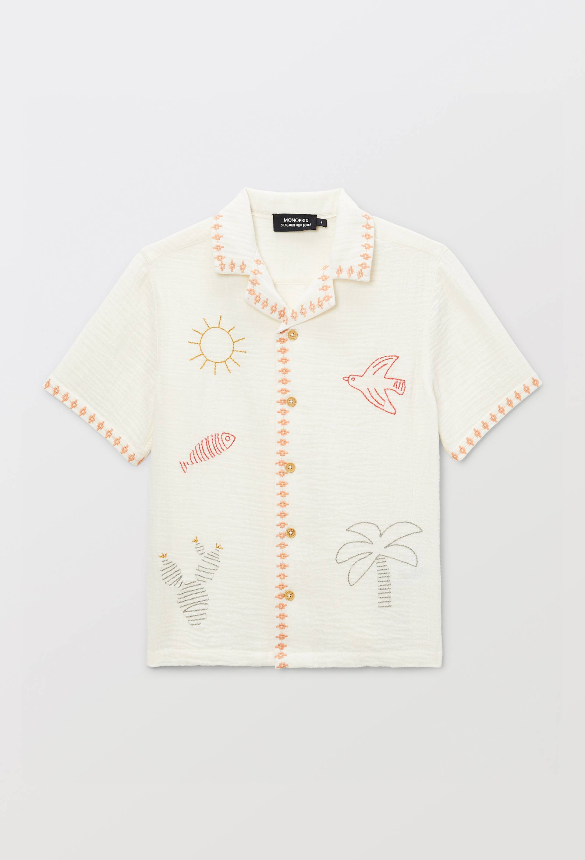 Chemise manches courtes brod&eacute;e en gaze de coton, Beige clair, large image number 2.0