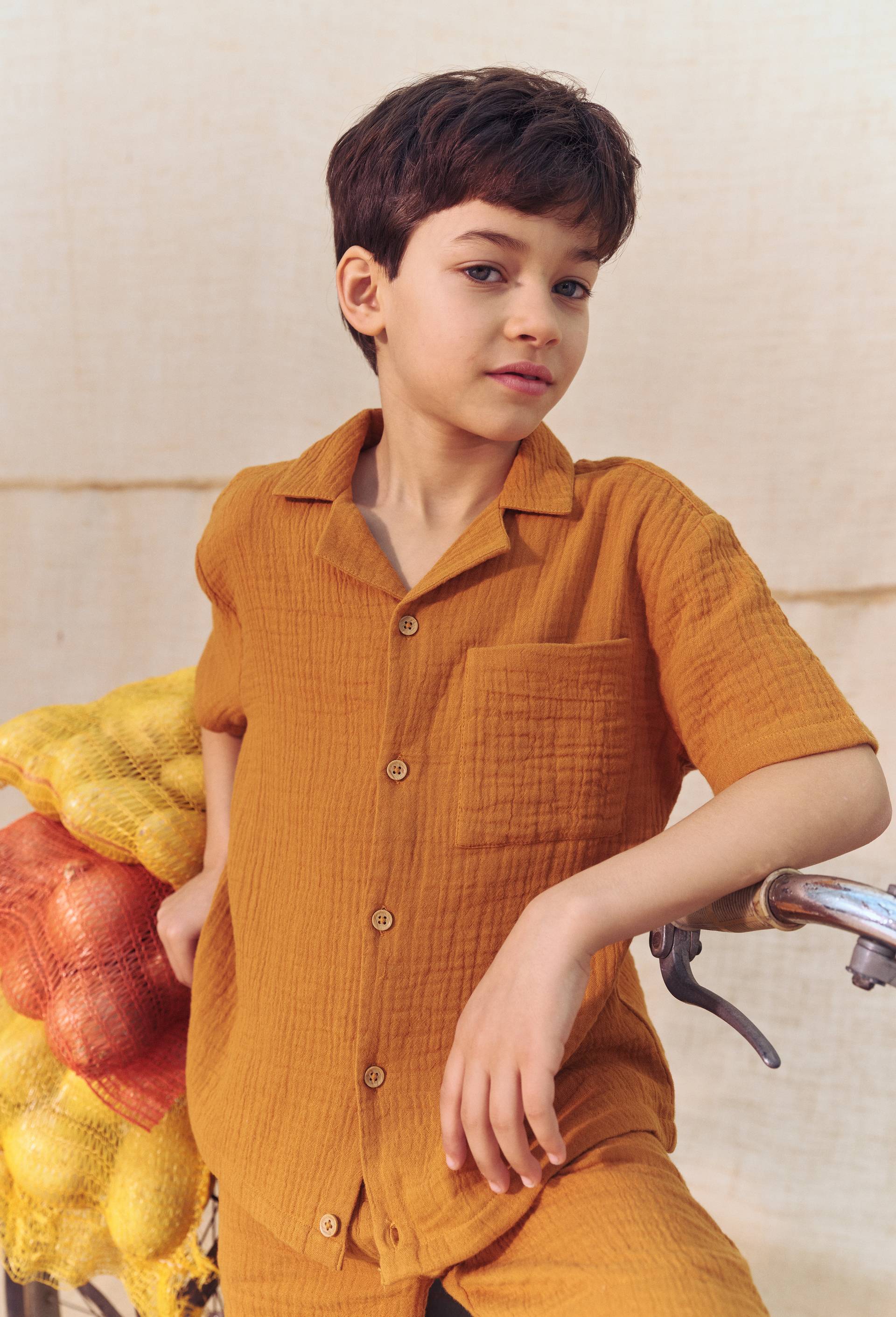 Chemise manches courtes unie en gaze de coton BIO GOTS, Brun clair, large image number 0