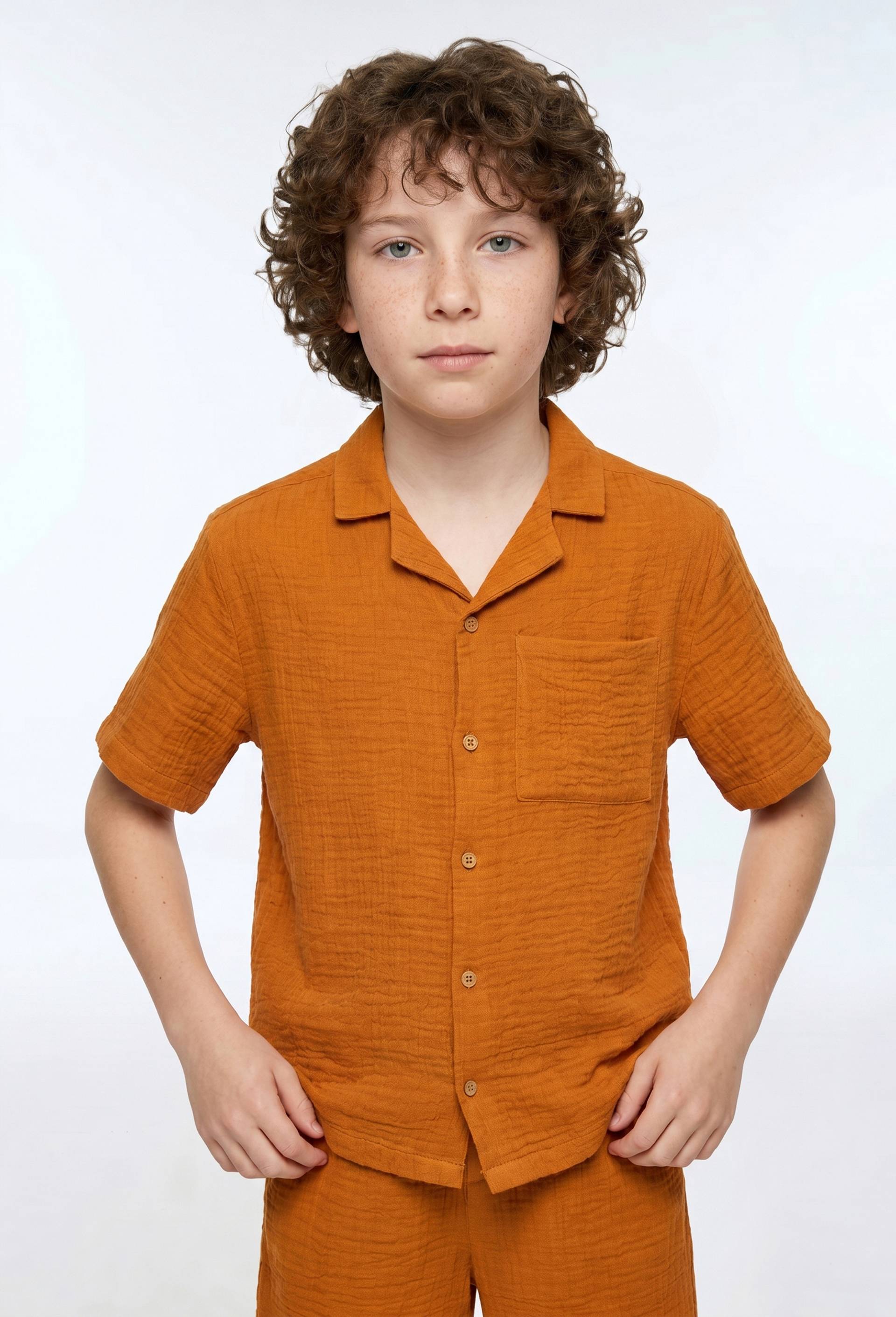 Chemise manches courtes unie en gaze de coton BIO GOTS, Brun clair, large image number 1.0