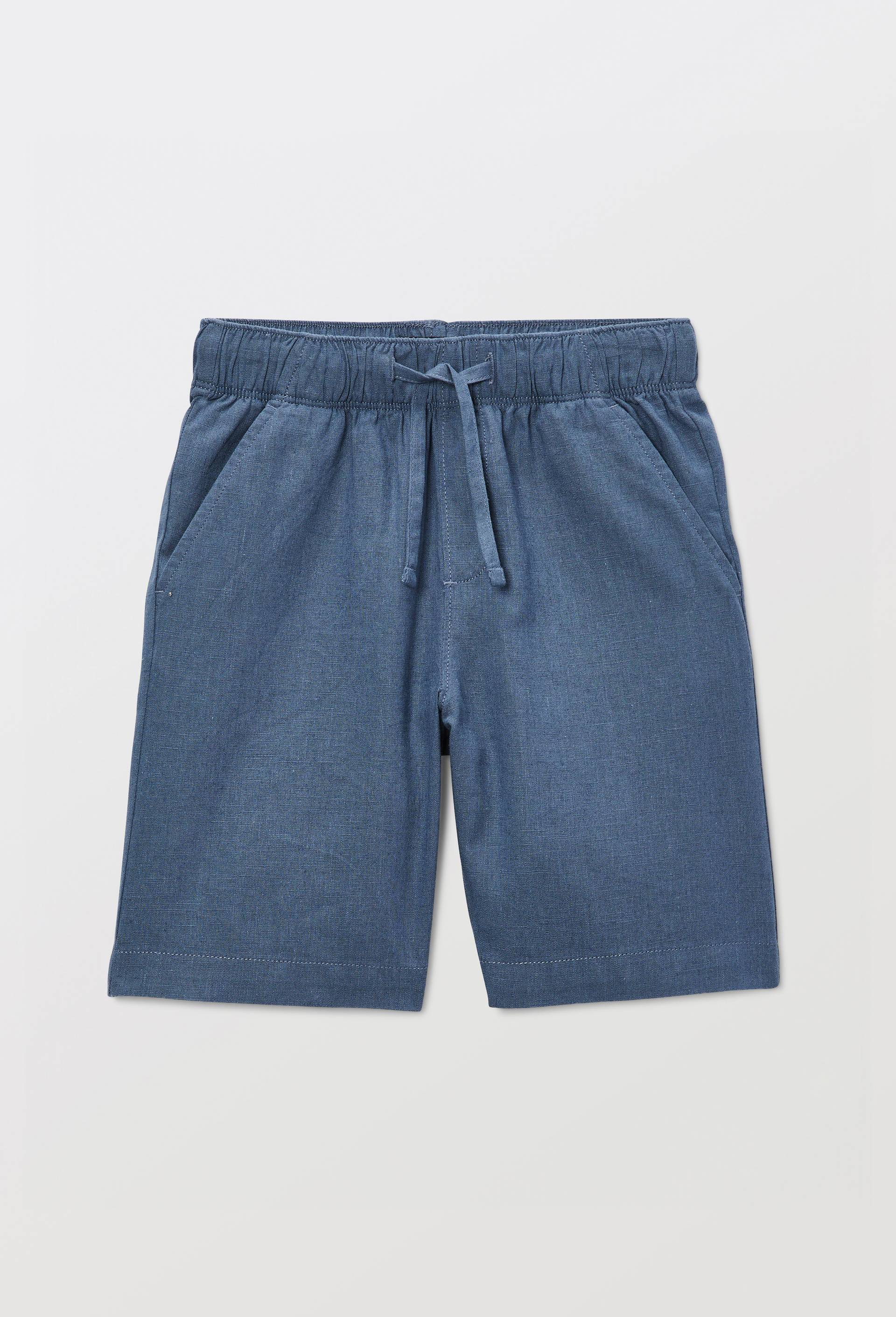 Short &eacute;lastiqu&eacute; uni en coton et lin, Bleu fonc&eacute;, large image number 1
