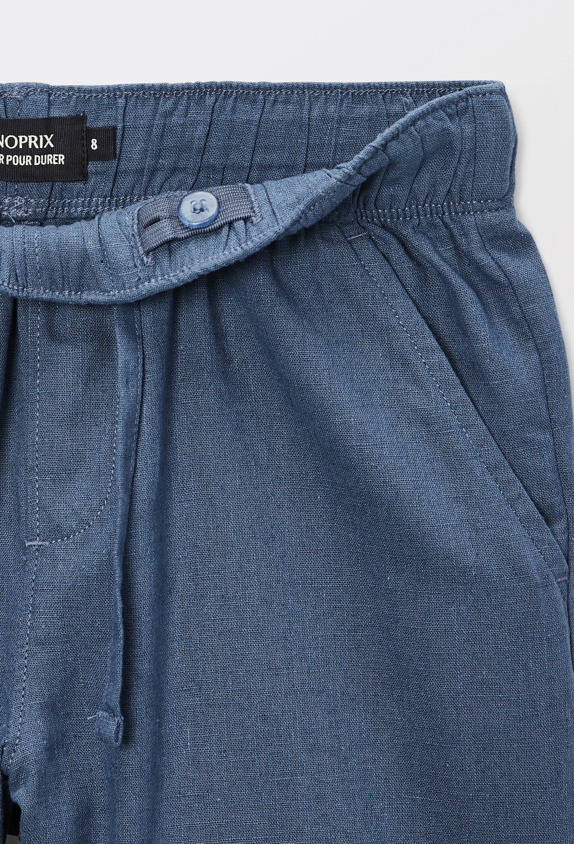 Short &eacute;lastiqu&eacute; uni en coton et lin, Bleu fonc&eacute;, large image number 3.0
