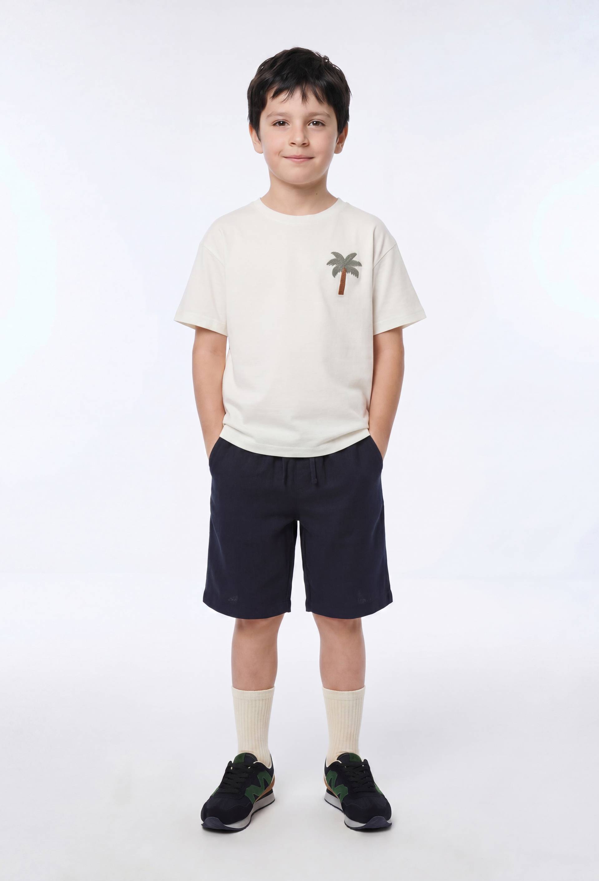 Short &eacute;lastiqu&eacute; uni en coton et lin, Noir, swatch image