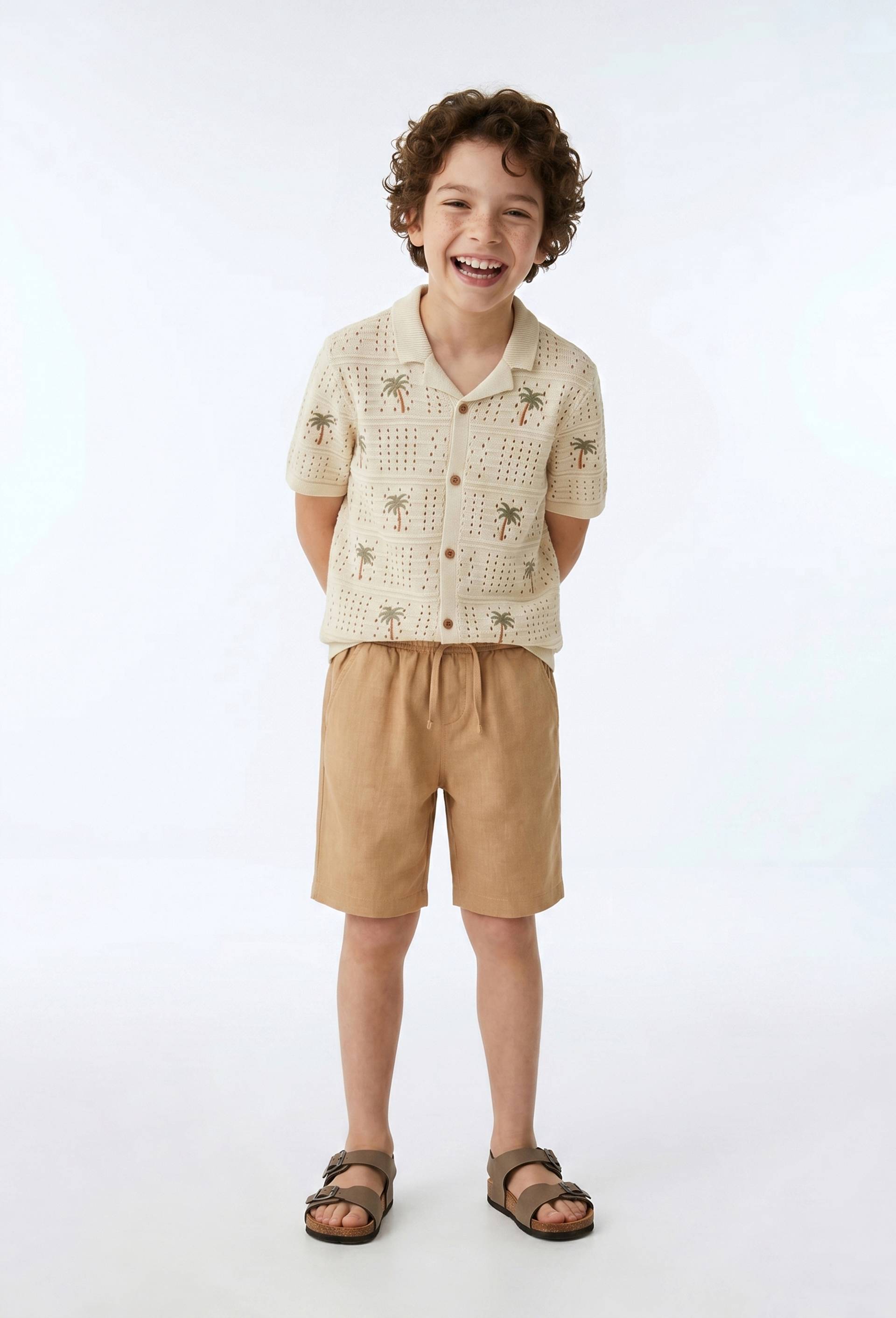 Short &eacute;lastiqu&eacute; uni en coton et lin, Beige, large image number 0.0
