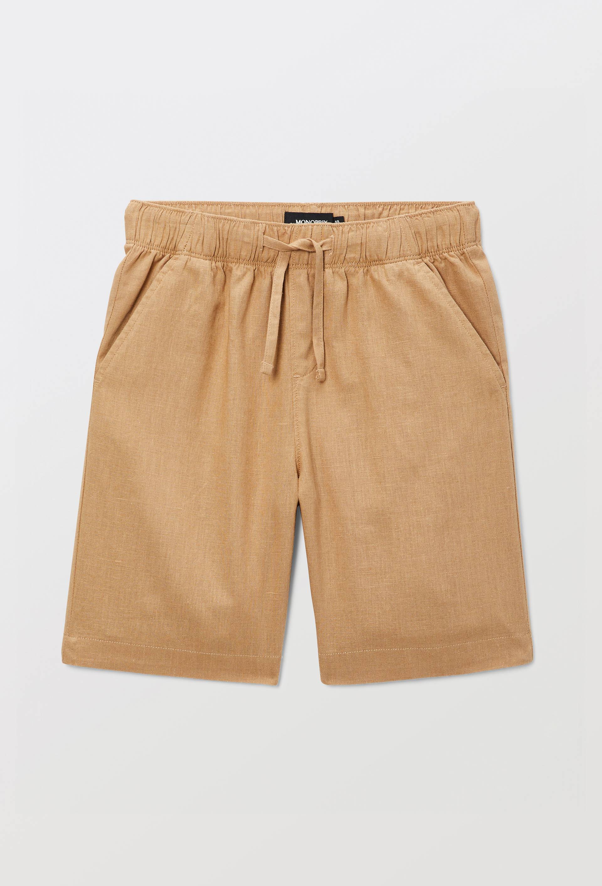 Short &eacute;lastiqu&eacute; uni en coton et lin, Beige, large image number 1