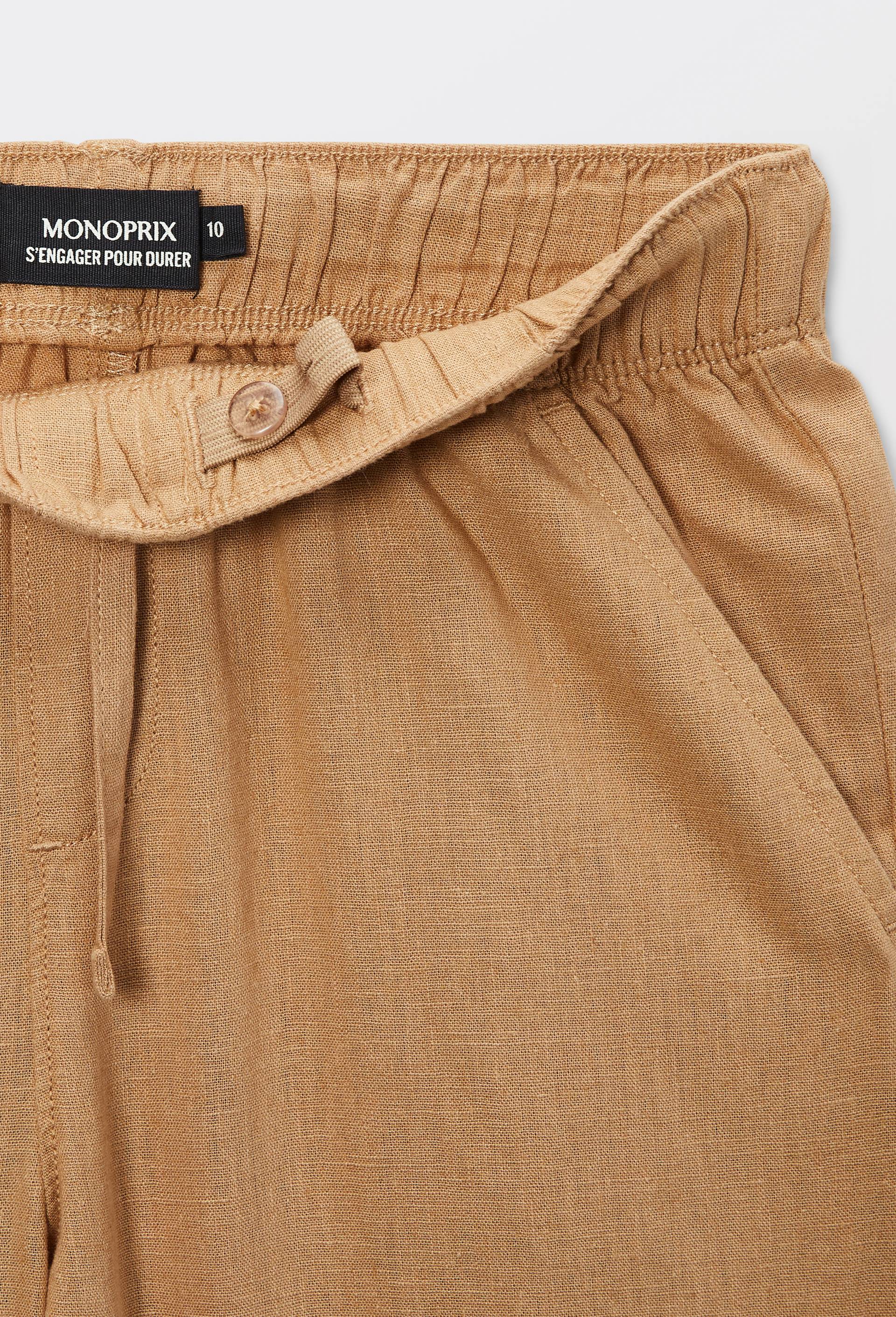 Short &eacute;lastiqu&eacute; uni en coton et lin, Beige, large image number 3.0
