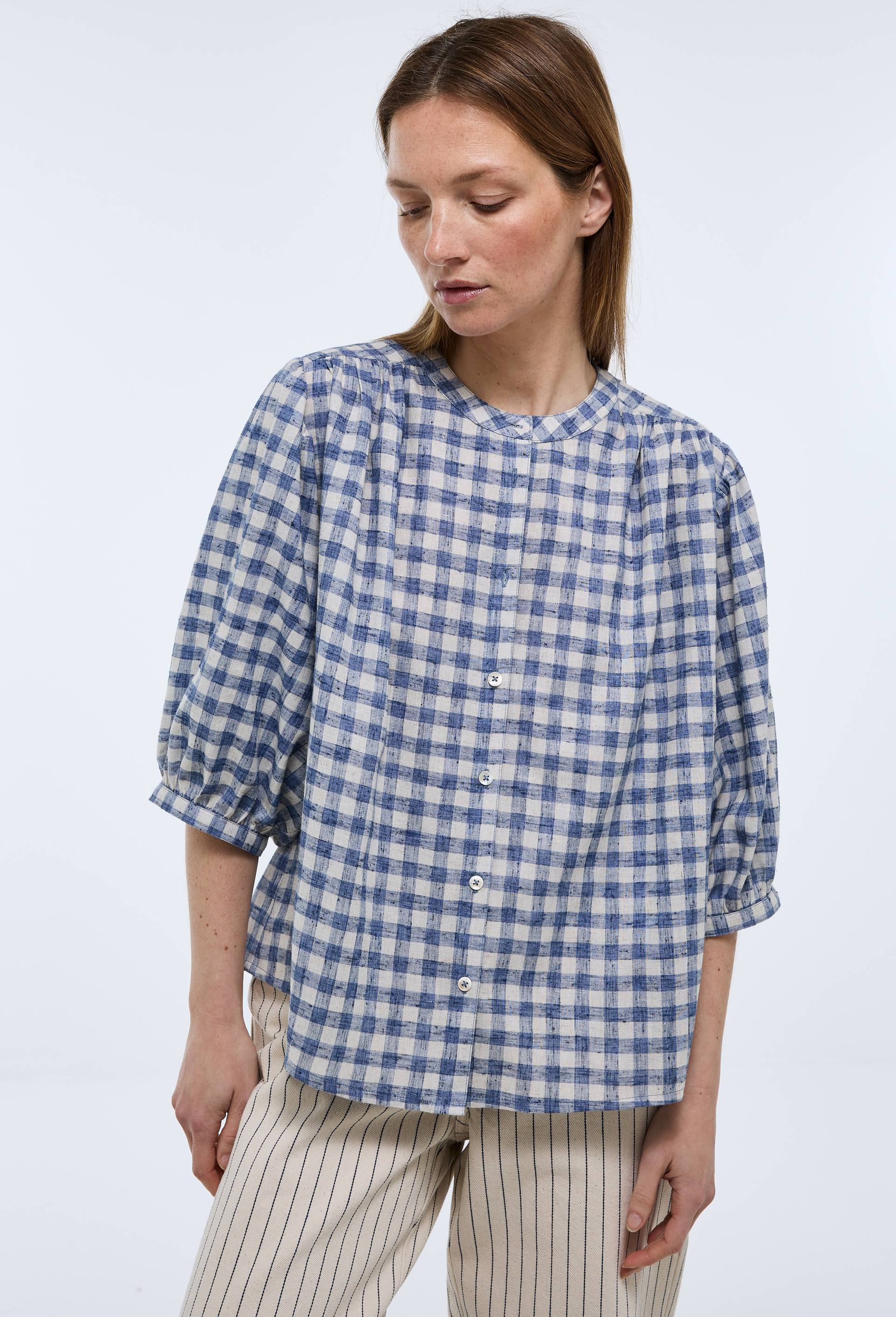 Blouse imprim&eacute;e vichy, Bleu, large image number 0.0