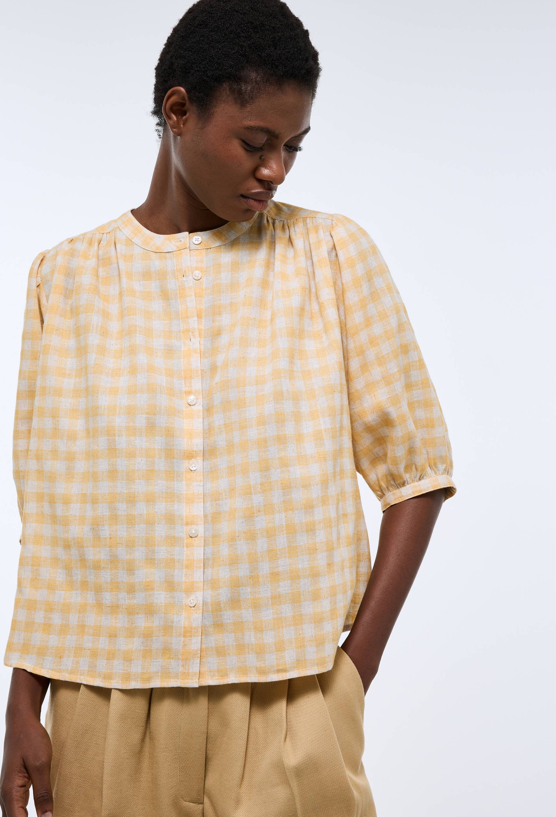 Blouse imprim&eacute;e vichy, Jaune, swatch image